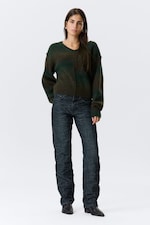 Dark Green - Space Dye - Space Dye V-Neck Knitted Sweater - 1