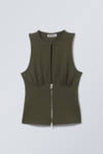 Khaki Green - Slim Sleeveless Zip Top - 0