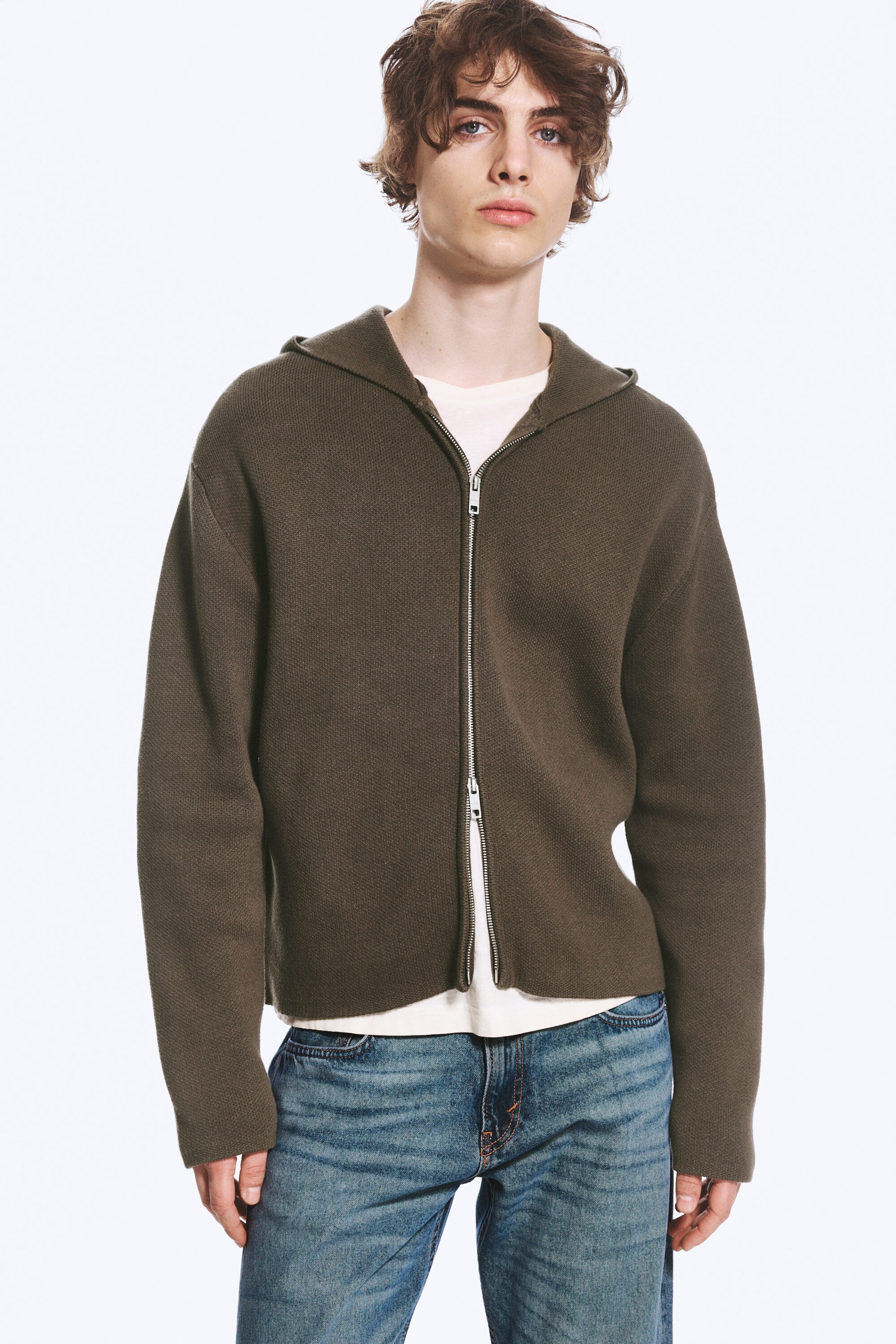 Khakigrön - Stickad zip-through-hoodie - 1