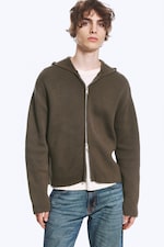 Khakigrön - Stickad zip-through-hoodie - 0