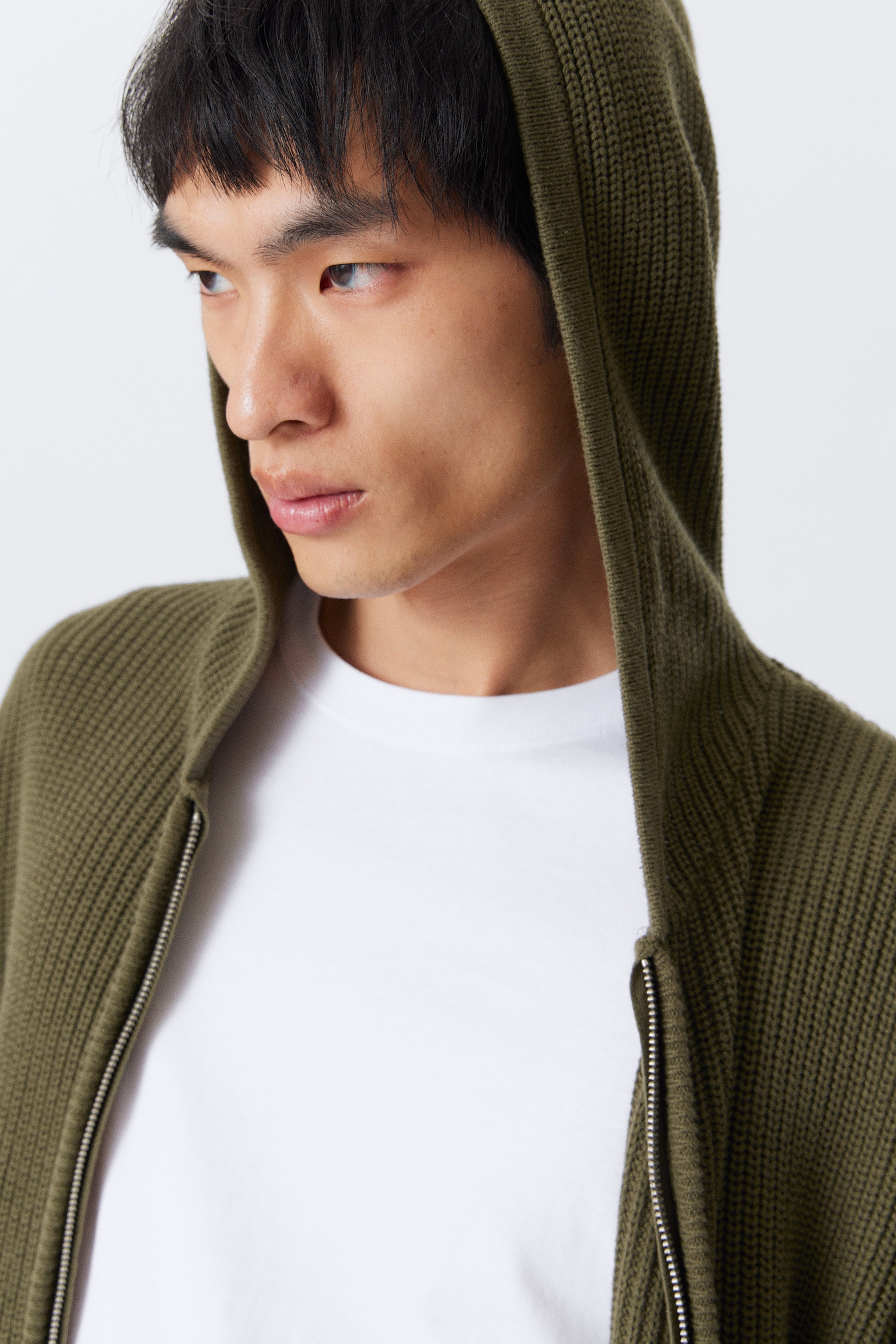 Boxy Knitted Hoodie - Dark Khaki Green/Black - 4