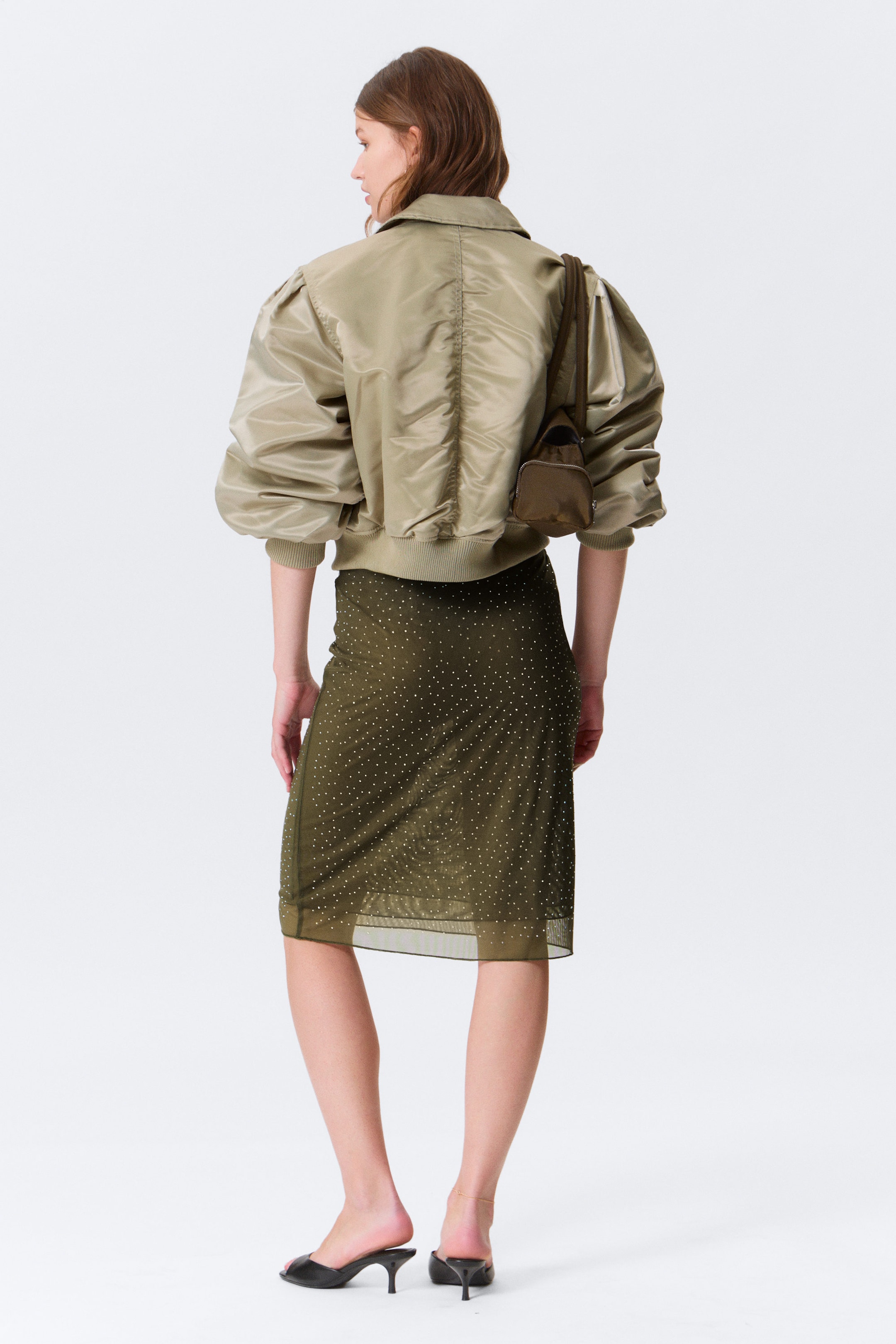 Khaki Green - Rhinestones - YULIA B MESH RHINESTONE MIDI SKIRT - 2