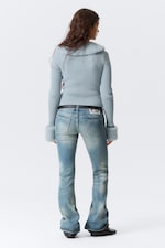 Light Dusty Blue - Slim Faux Fur Trim Zip Cardigan - 2