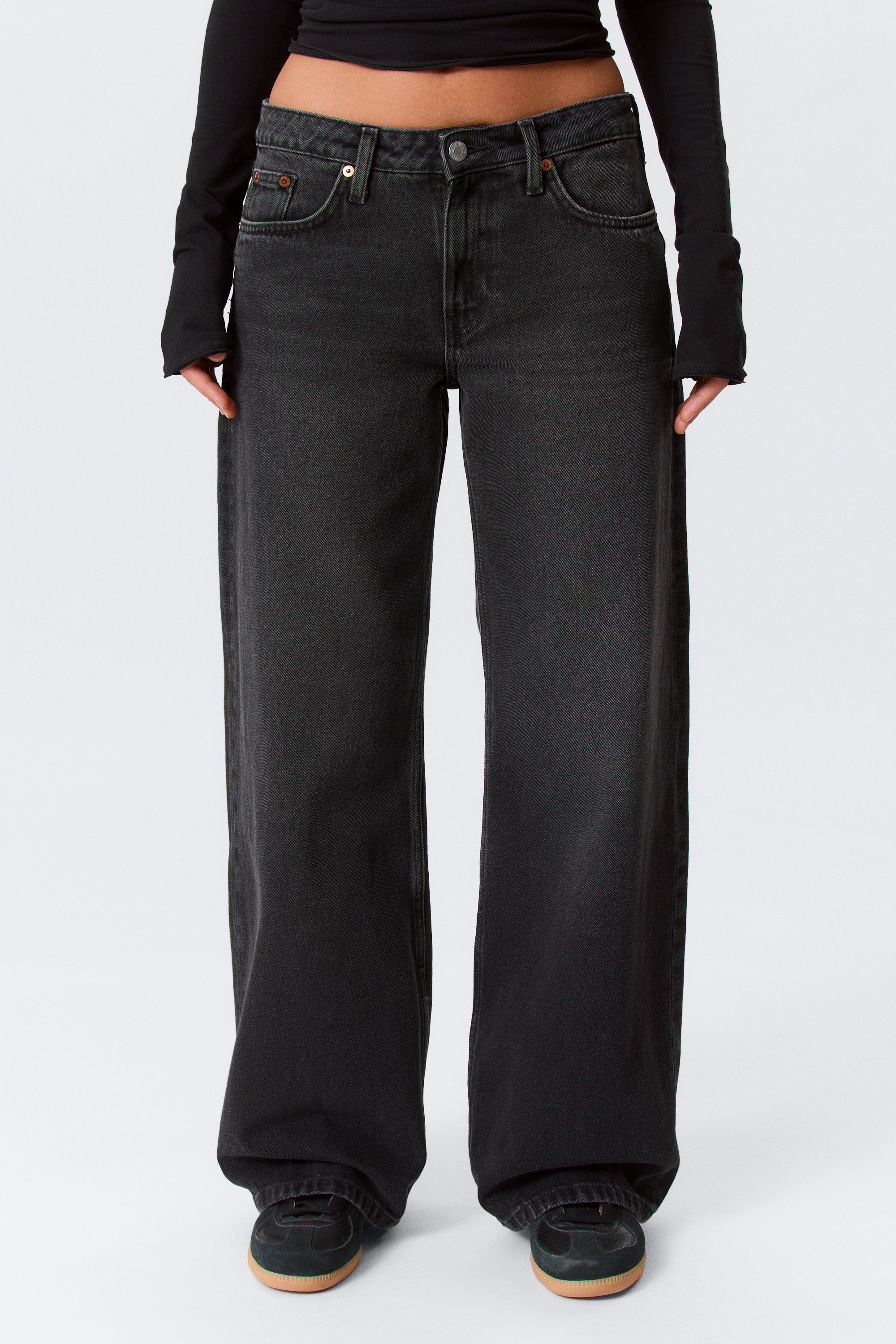 Washed Black - Imoo Low Rise Loose Wide Leg Jeans - 2