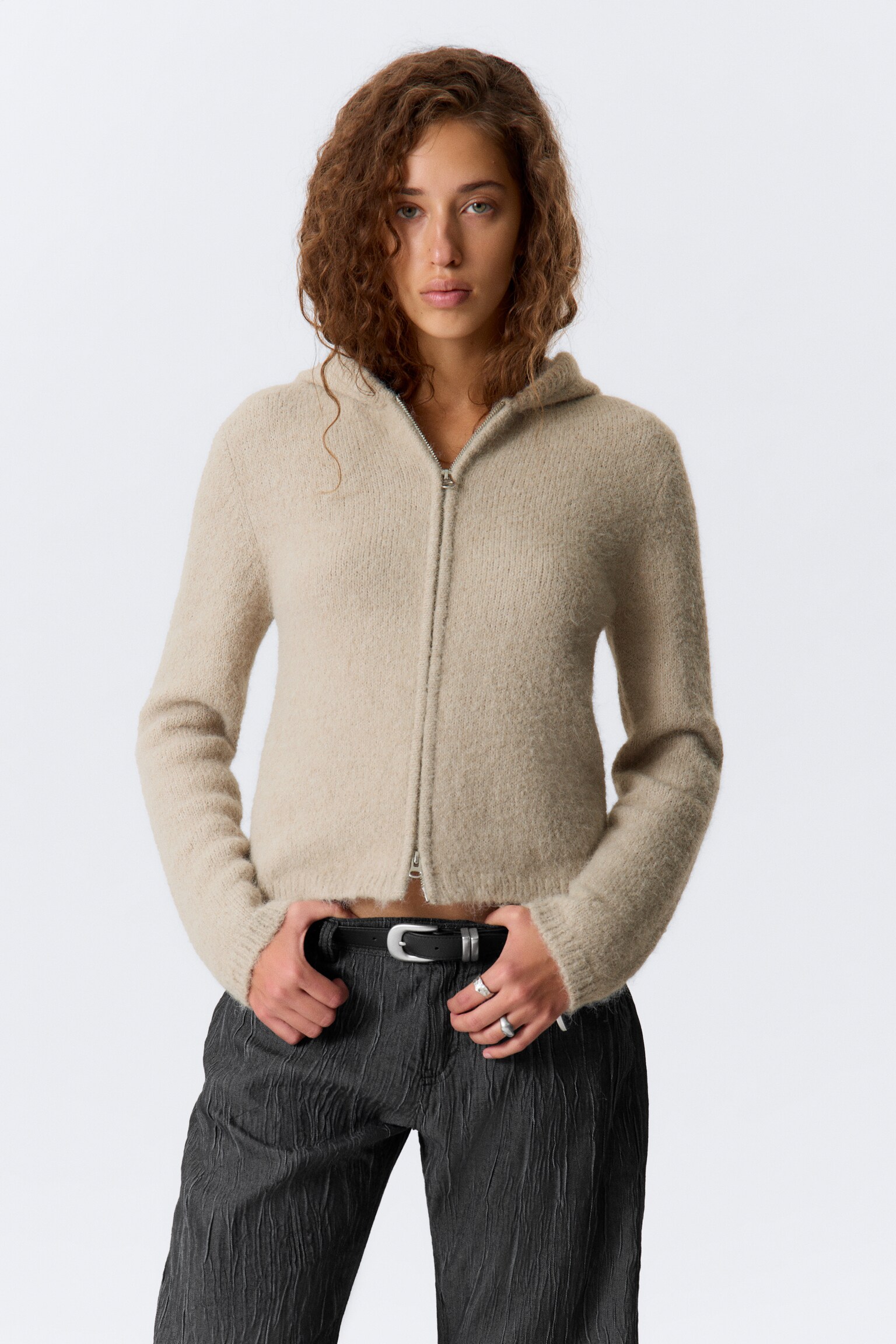 Boxy Knitted Zip Hoodie - Beige - 8