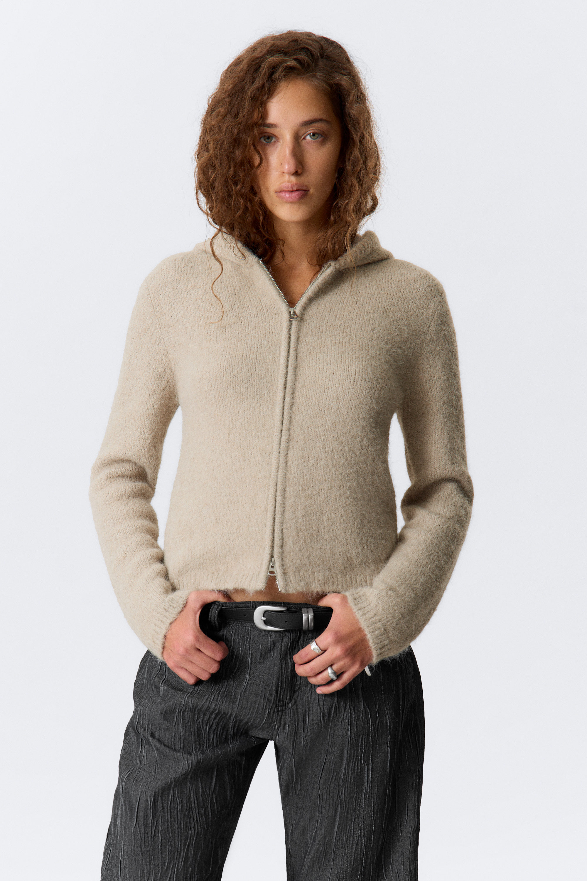 Beige - Boxy Knitted Zip Hoodie - 3
