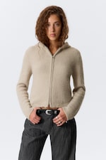 Beige - Boxy Knitted Zip Hoodie - 3