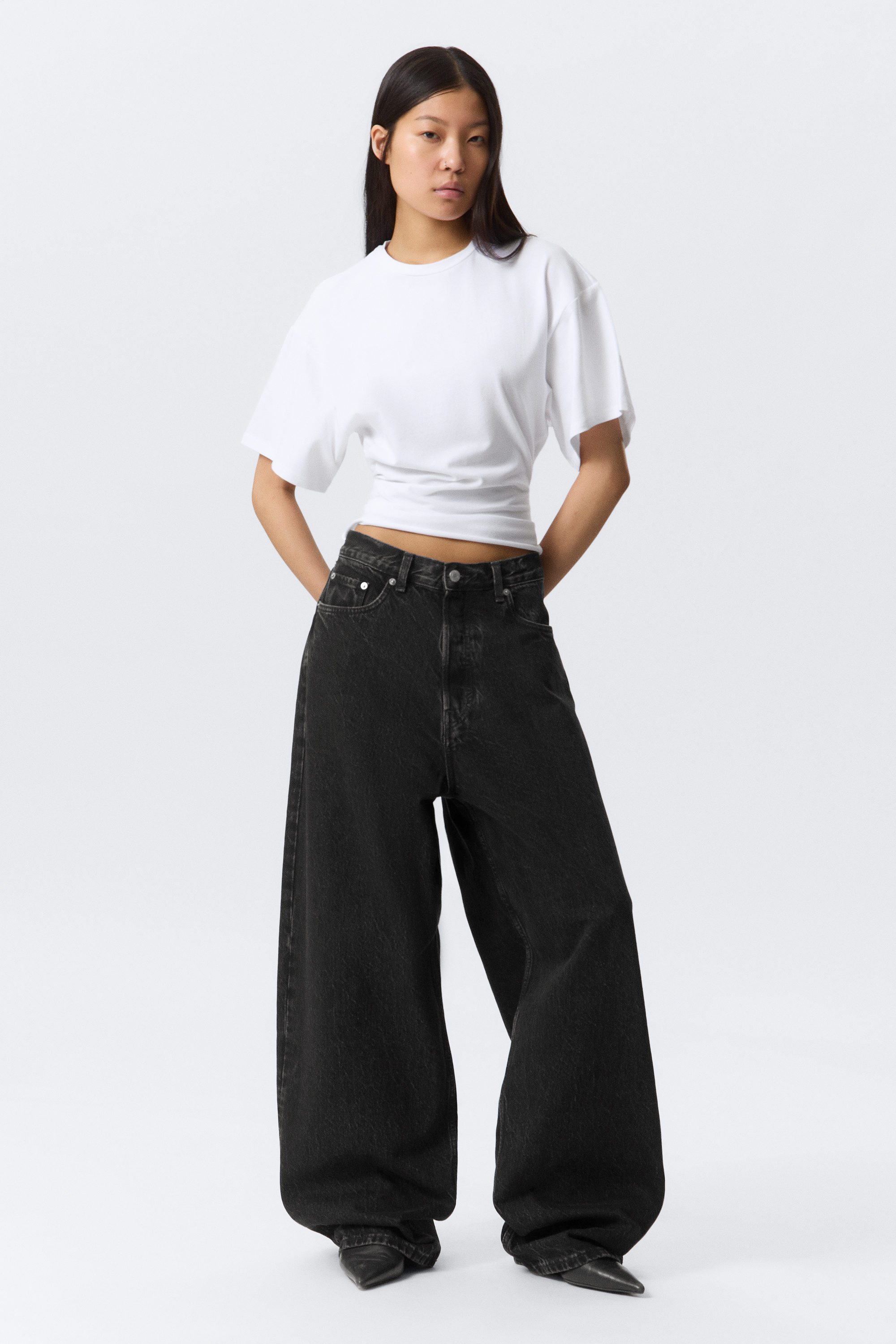 Black Rinse - Black - Astro Mid Rise Baggy Faux Leather Pocket Jeans - 1