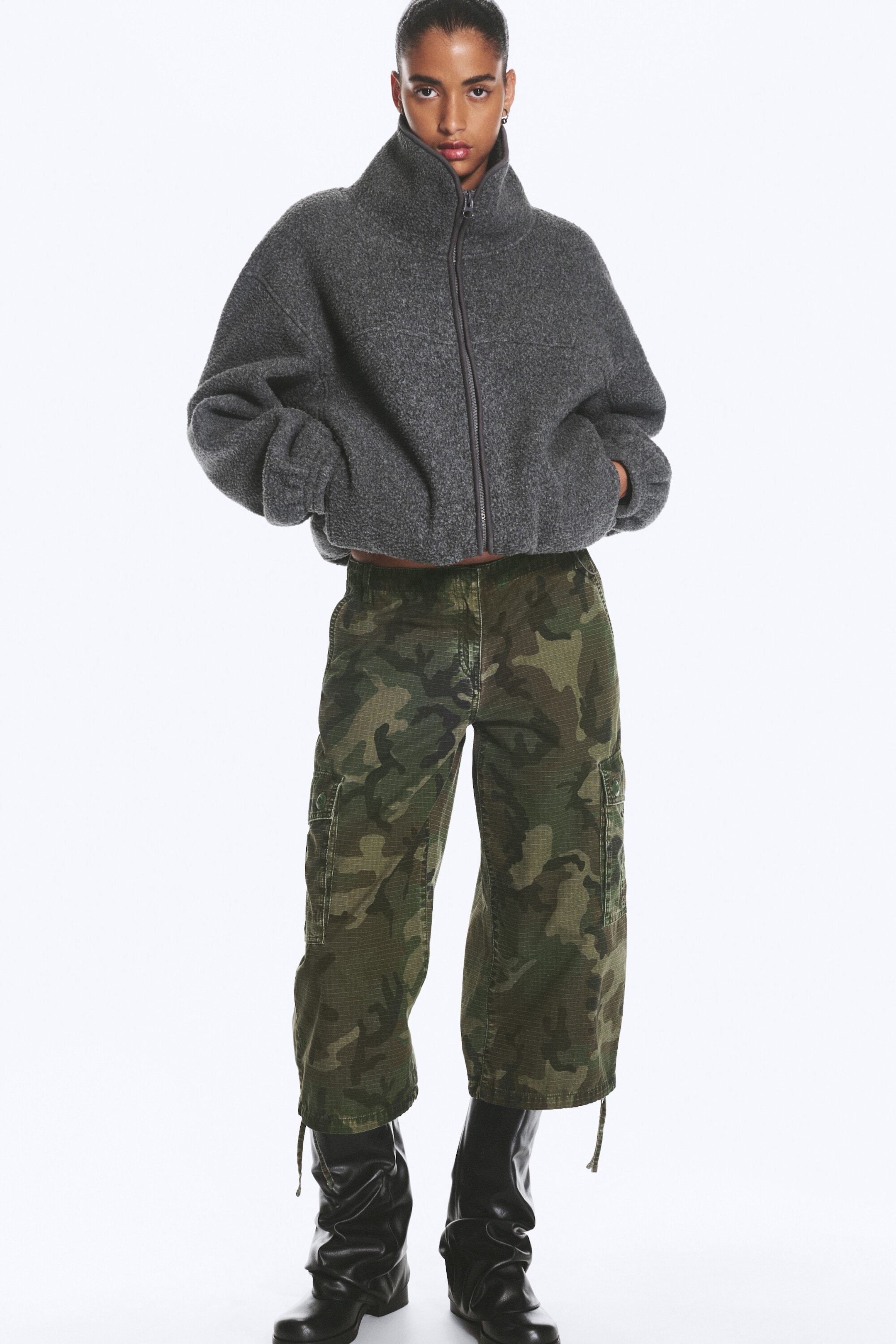 Gris foncé chiné - Veste en peluche à col cheminée - 2