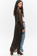 Dark Brown - Open-Knit V-neck Maxi Cardigan - 2