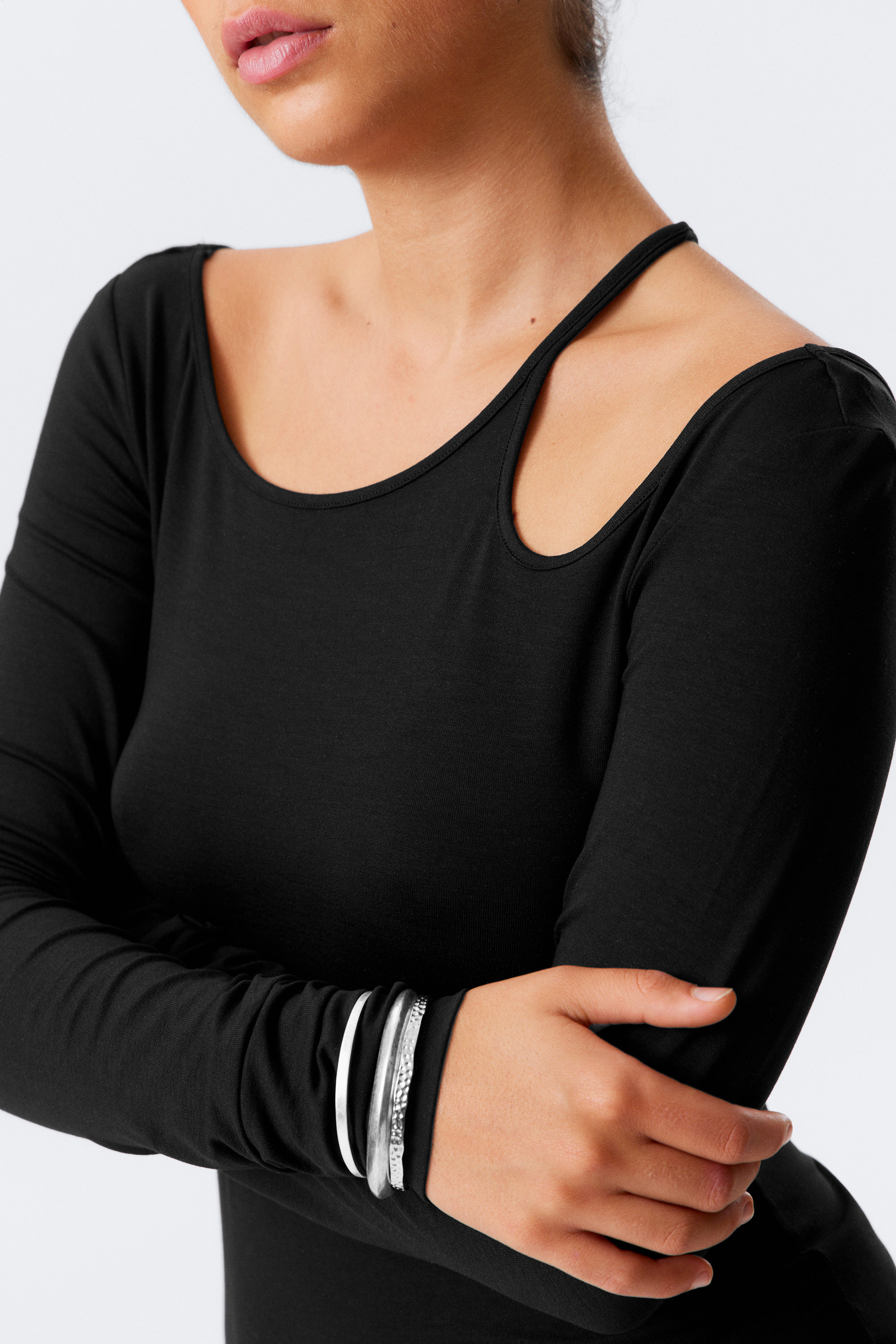 Black - Long-Sleeved Off-Shoulder Top - 2
