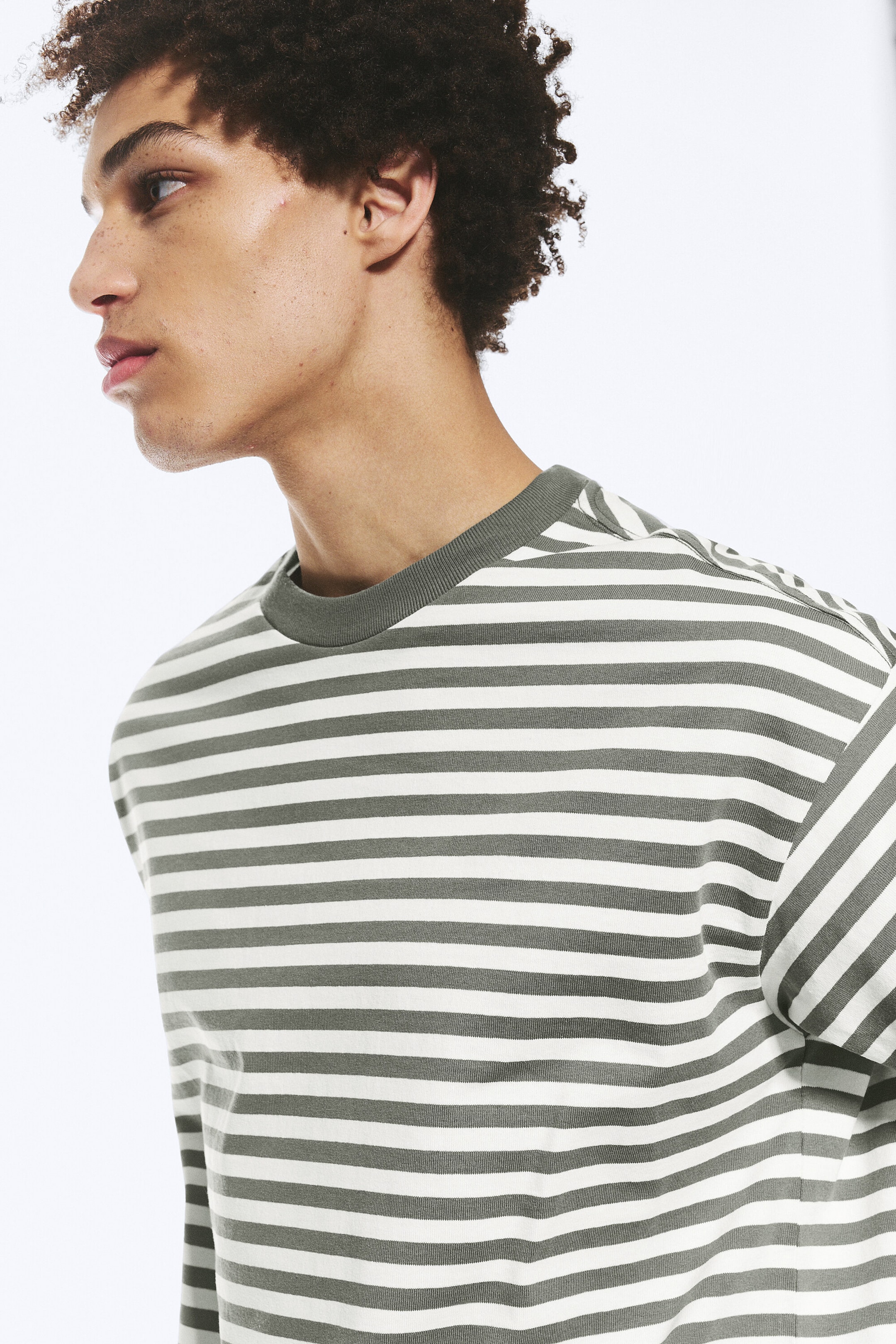 White - Khaki Stripe - Loose Boxy T-shirt - 1