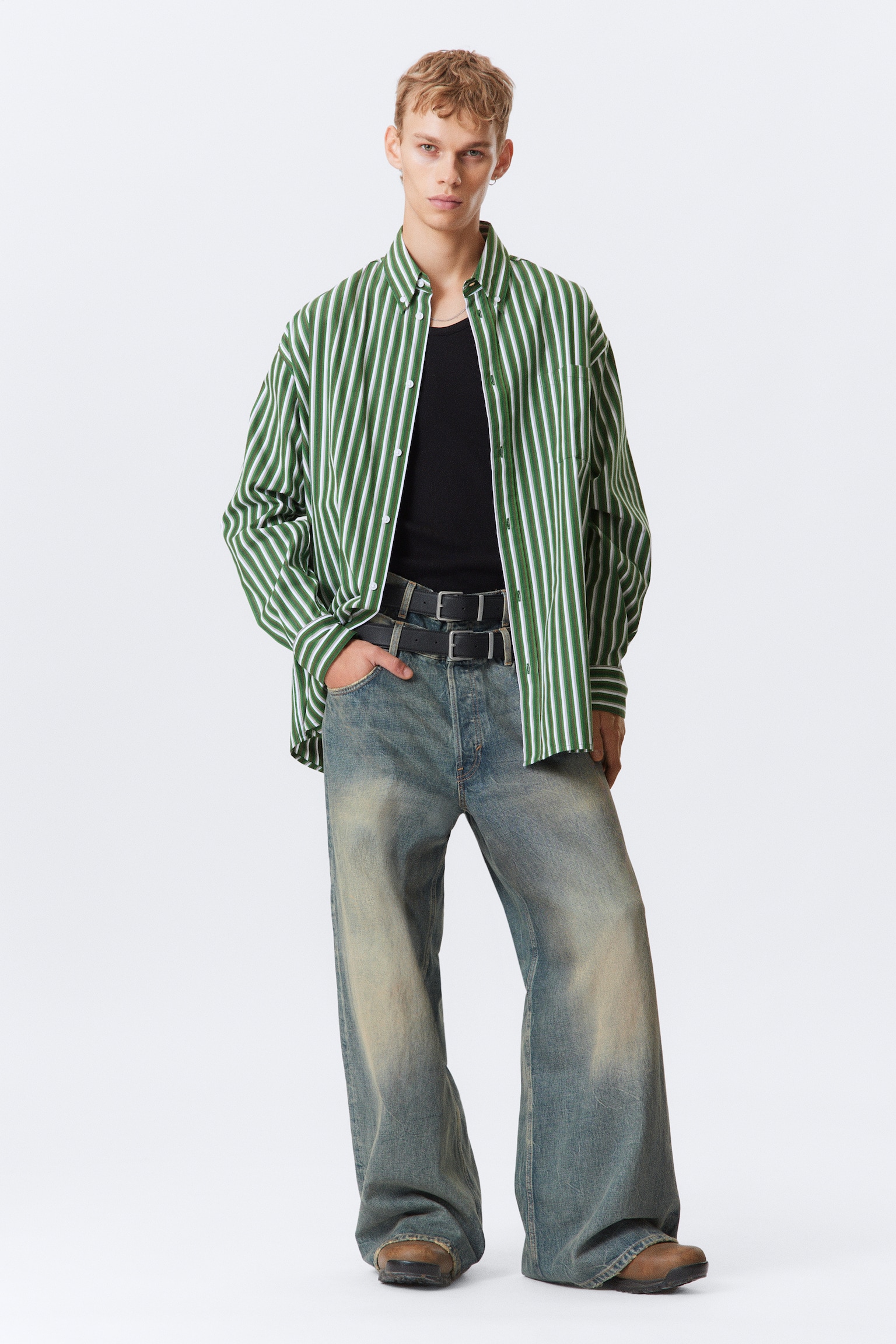 Oversized Striped Button-Down Shirt - Green Stripe/White - Blue Stripes - 4