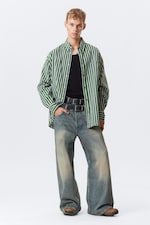 Green Stripe - Oversized Striped Button-Down Shirt - 2