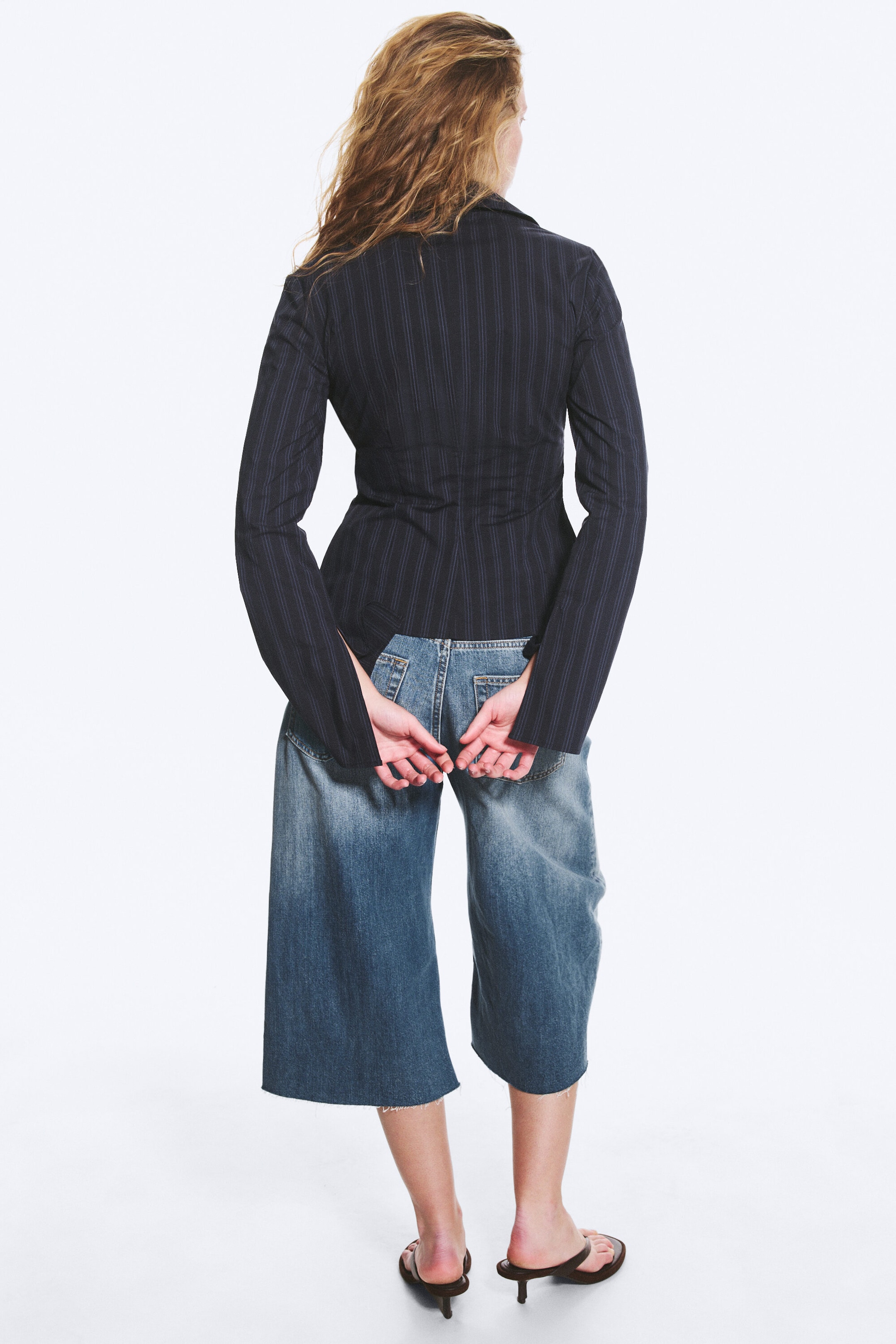 Striped Dark Blue - Slim Fit Textured Blouse - 2