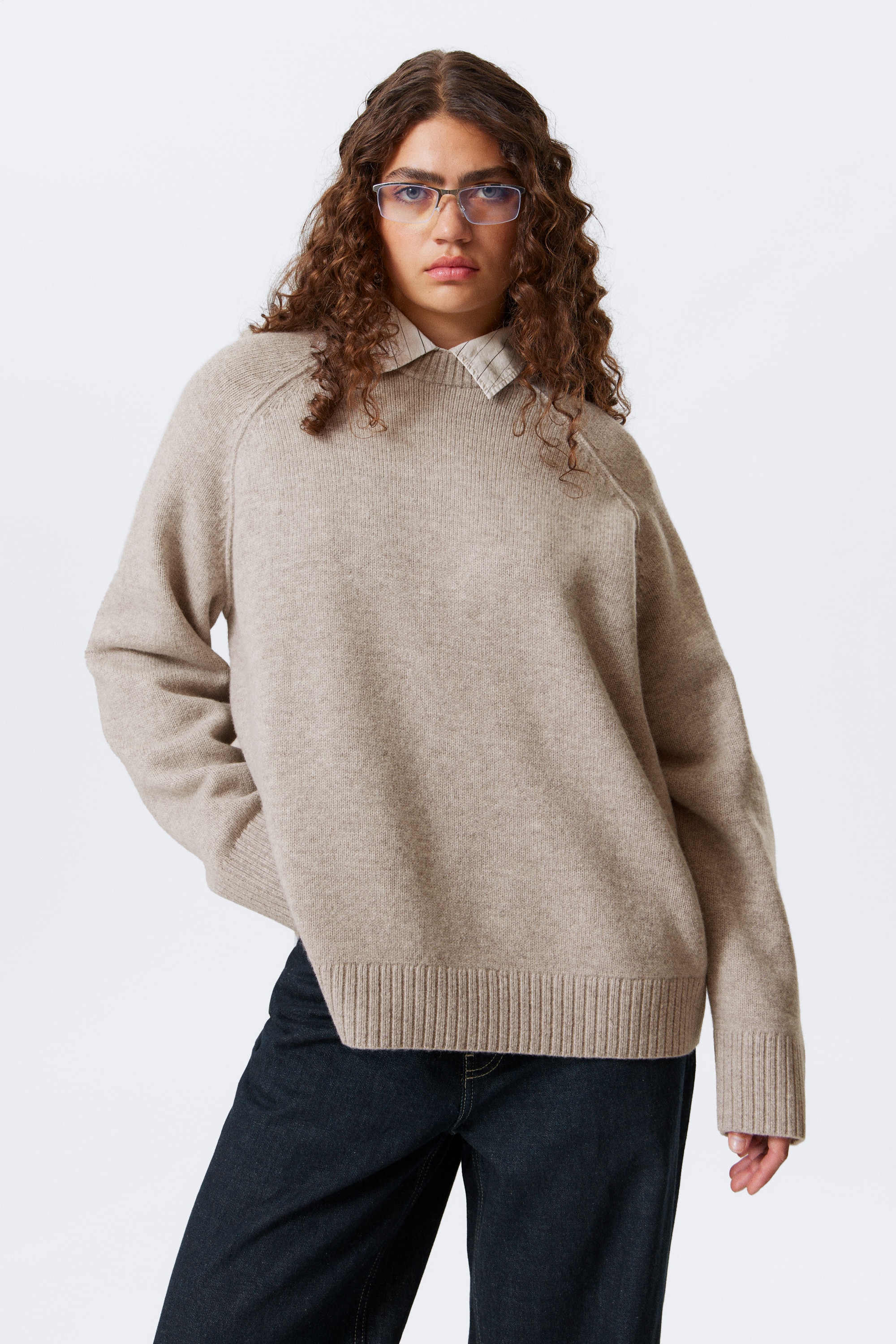 Volný pletený vlněný svetr - světle šedý melír/Tmavě hnědá melange