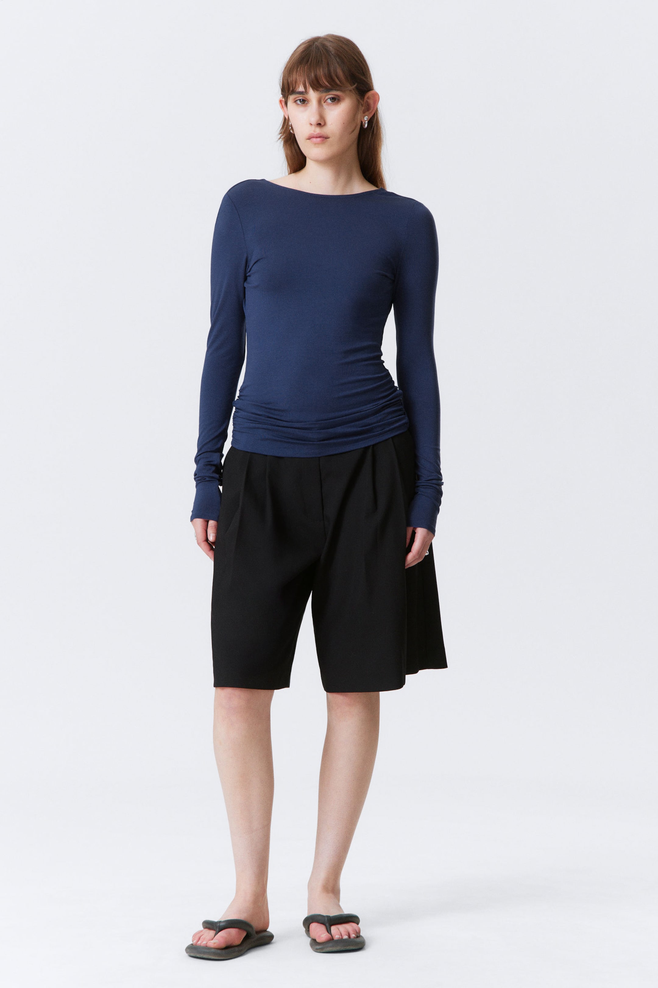 Dark Blue - Open Back Long-Sleeved Top - 2