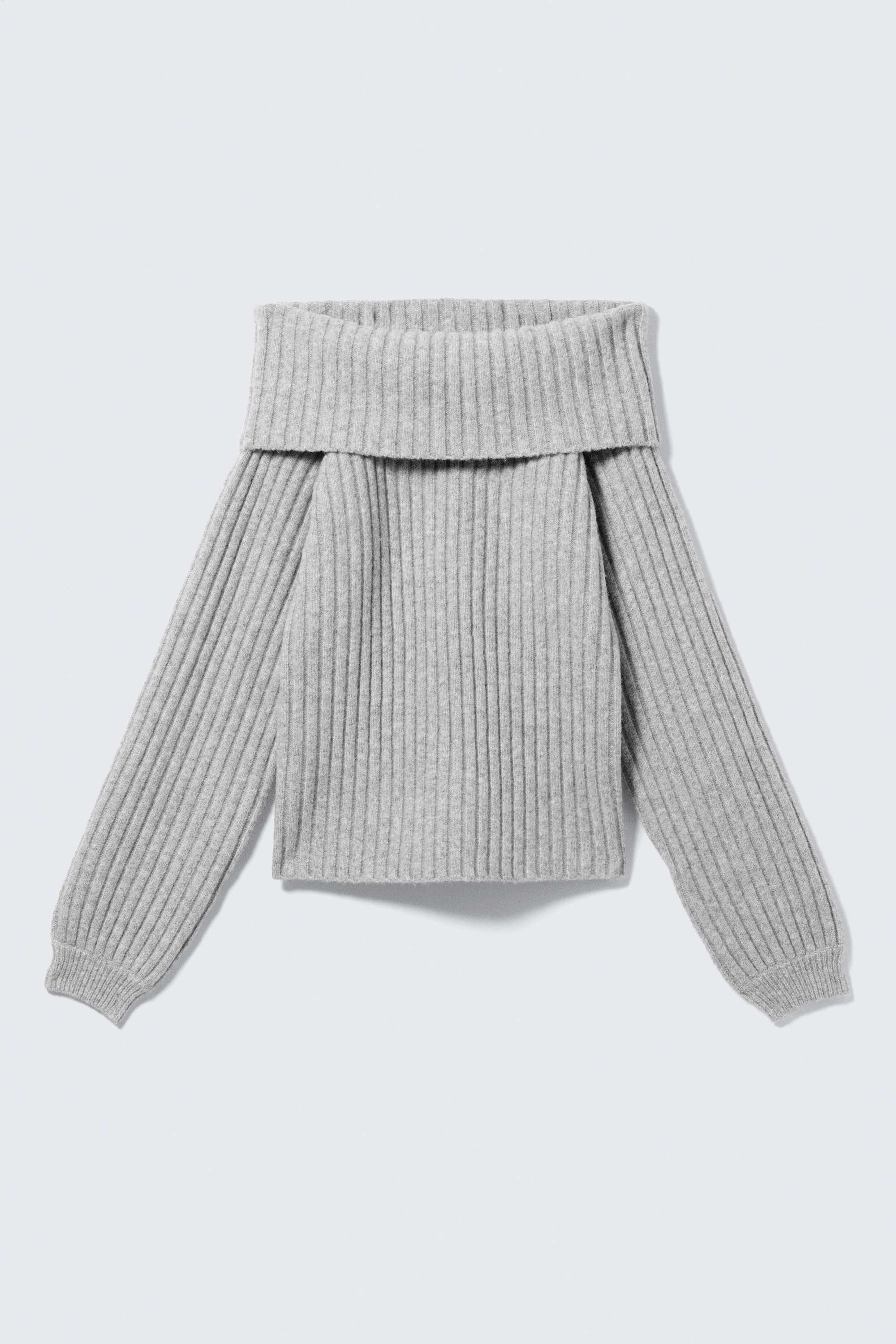 Пуловер с паднали рамене и рипсена плетка - Сив Меланж/Светло бежова