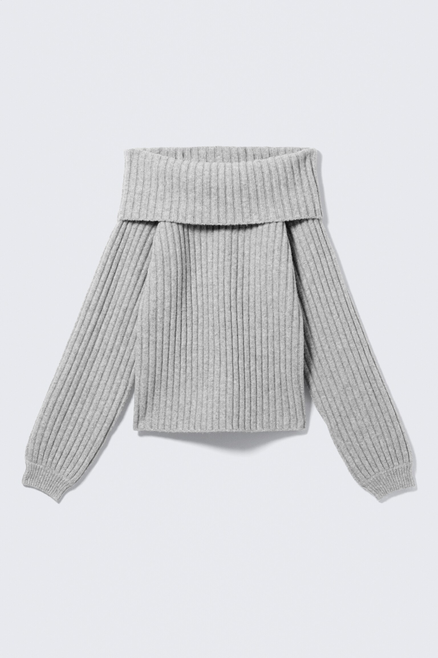 Пуловер с паднали рамене и рипсена плетка - Сив Меланж/Светло бежова - 2