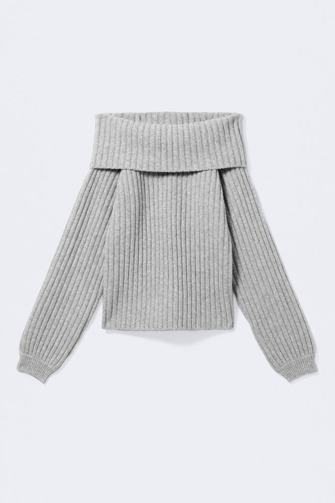 A light grey ribbed knit jumper is shown from the front, featuring a wide, folded-over off-the-shoulder neckline. It has long raglan sleeves with ribbed cuffs and a relaxed, straight hem. - 1