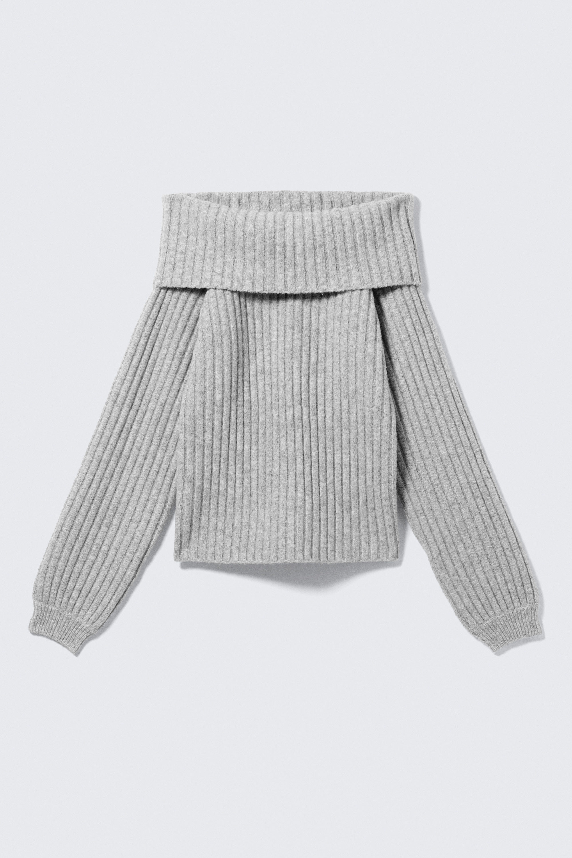 Grau meliert - Rippstrickpullover mit Carmen-Ausschnitt - 1