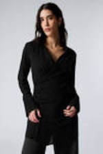 Black - Long-Sleeved Asymmetric Mini Shirt Dress - 0
