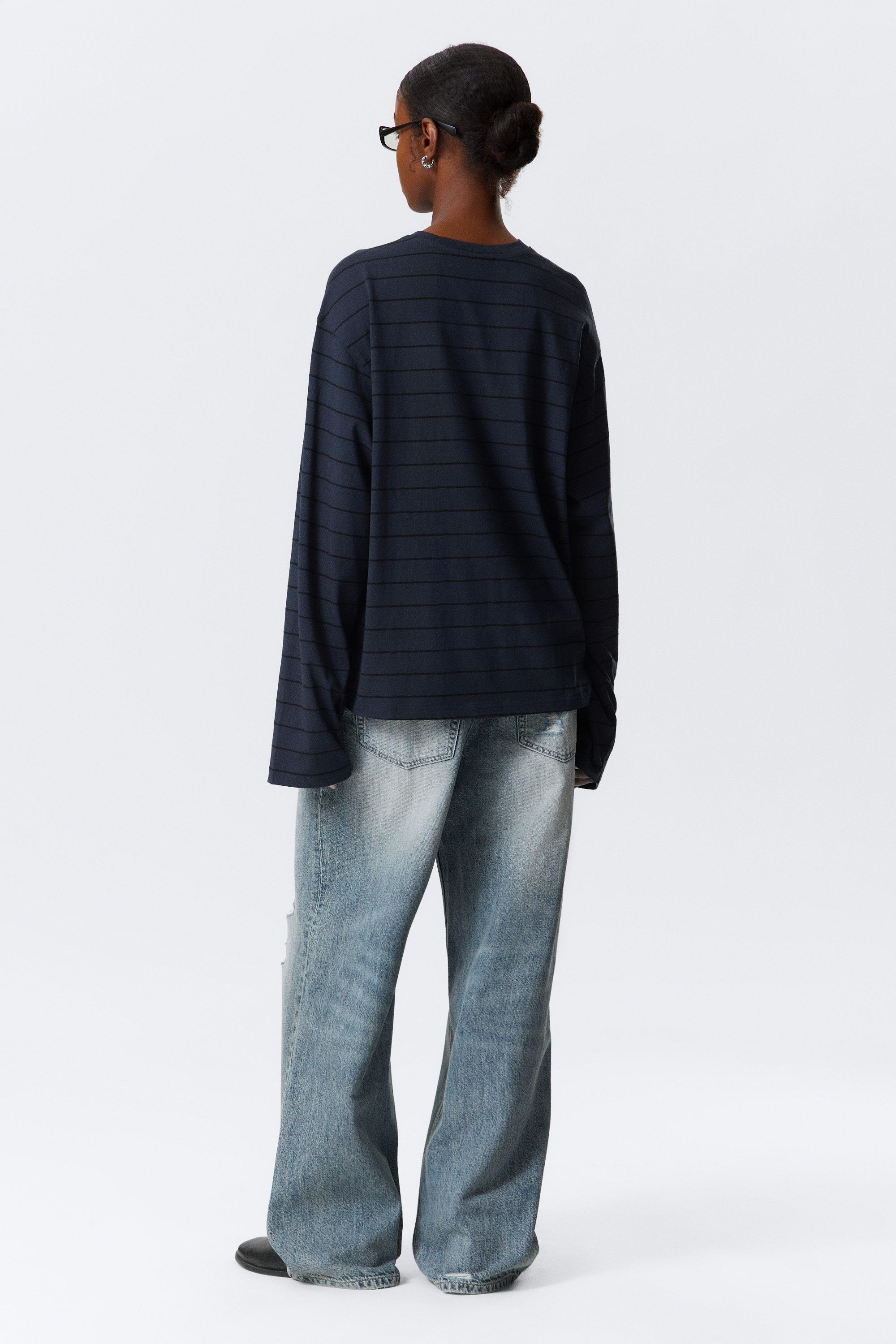 Striped Dark Blue - Long-Sleeved Boxy Cotton T-shirt - 3