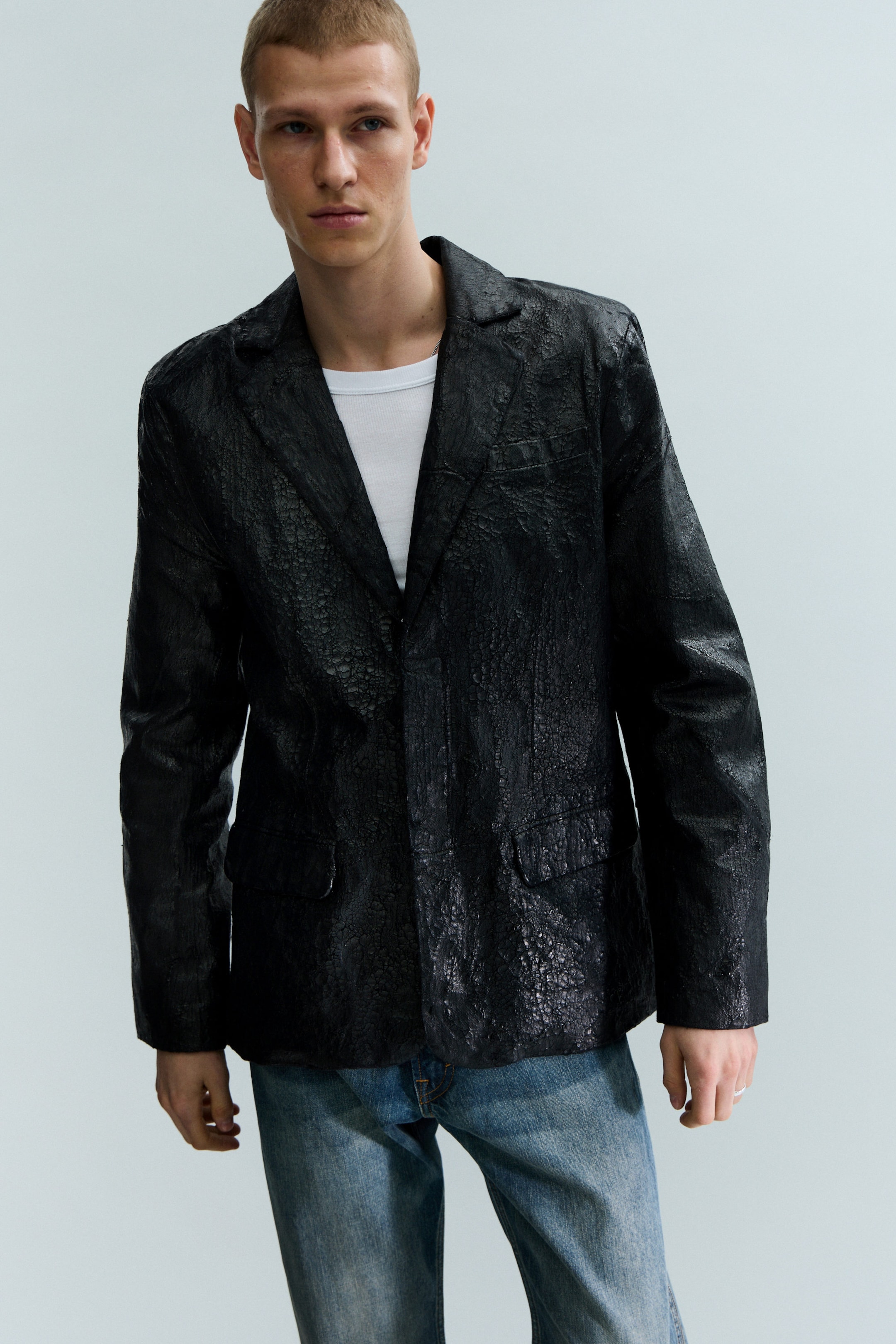 Black - Cracked Single-Breasted Blazer - 2