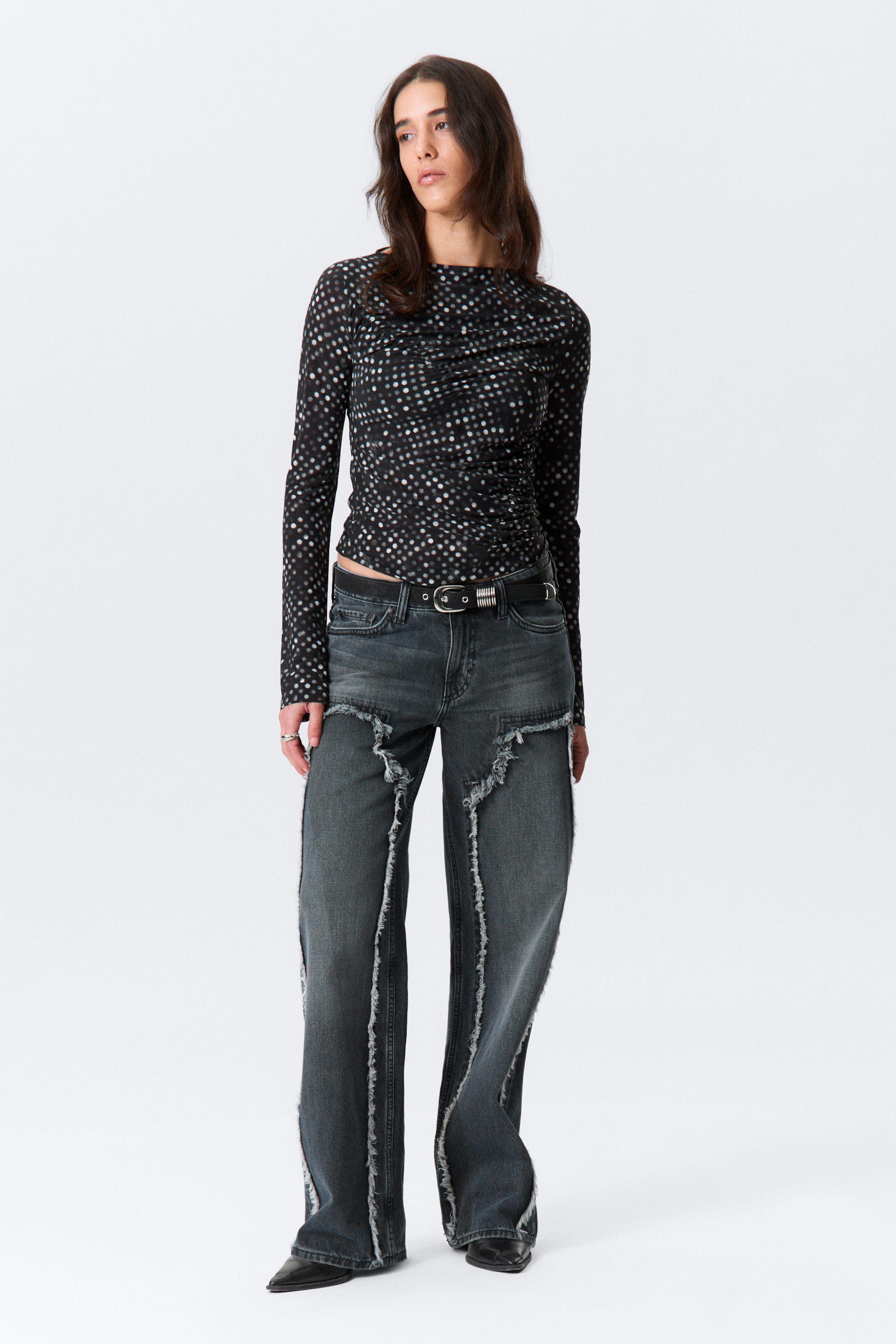 Black Polka Dots - Ruched Printed Mesh Top - 2