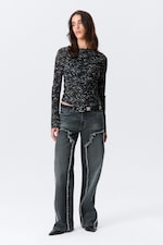 Black Polka Dots - Ruched Printed Mesh Top - 1