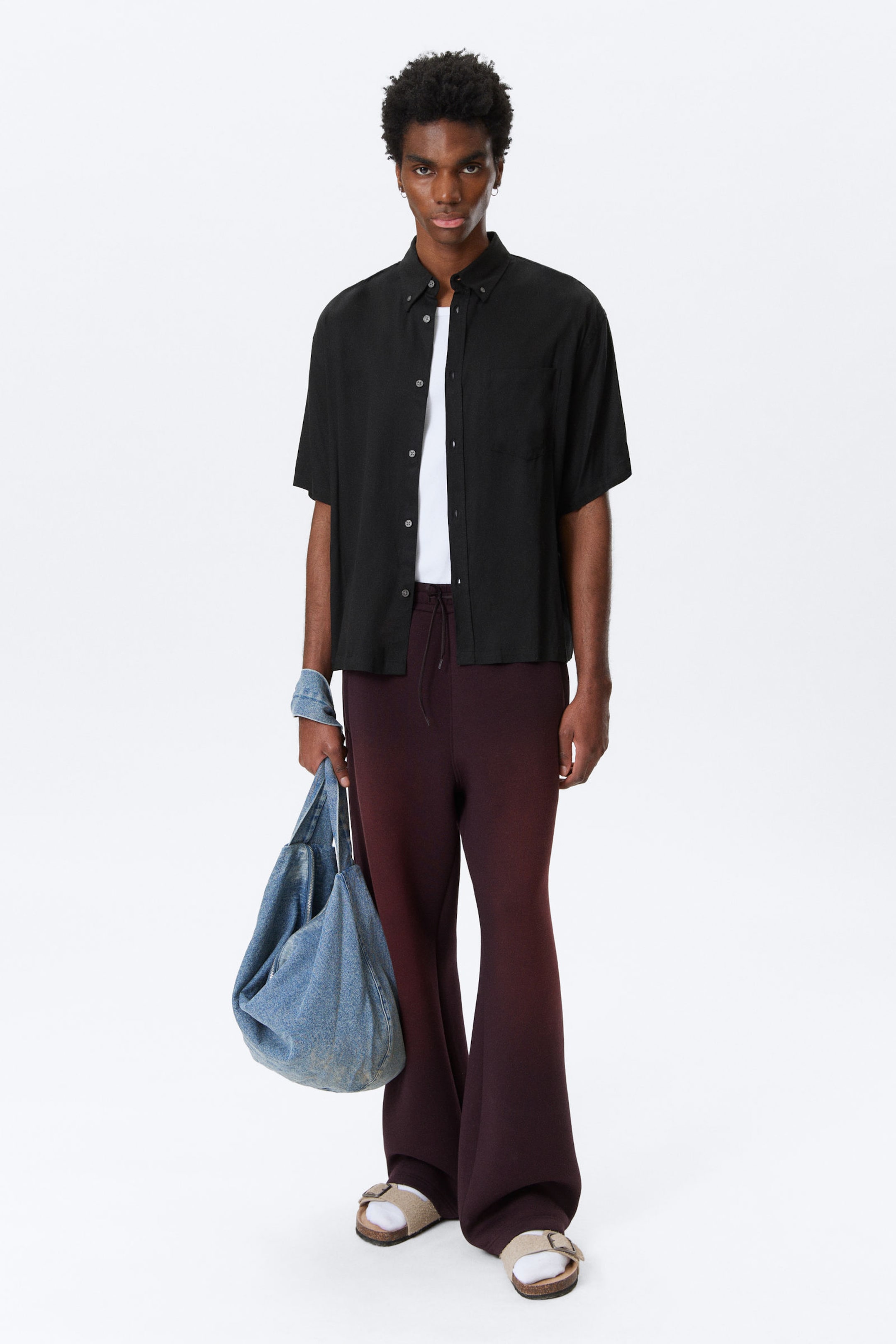 Black - Oversized Draped Boxy Short-Sleeved Shirt - 2