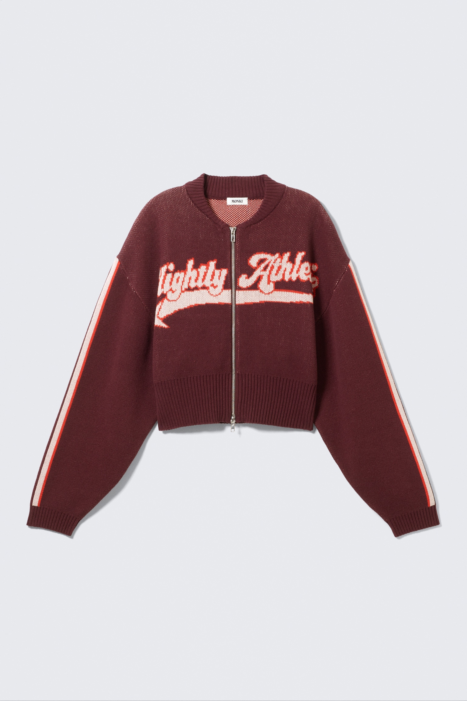 Kurze Jacquard-Strickjacke mit Reißverschluss - Dunkelrot - Slightly Athletic - 2