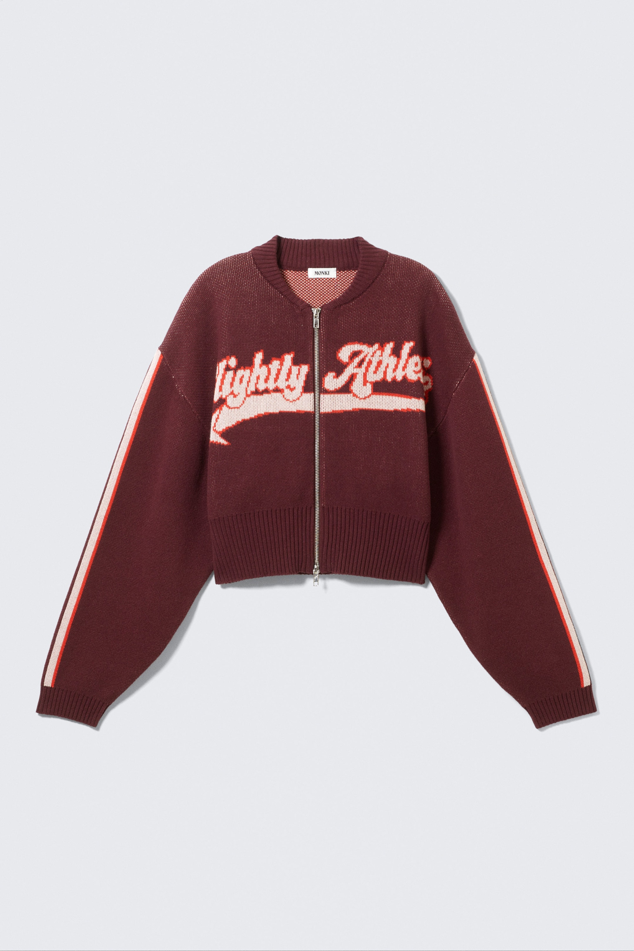 Dark Red - Slightly Athletic - Cropped Jacquard Zip Cardigan - 1