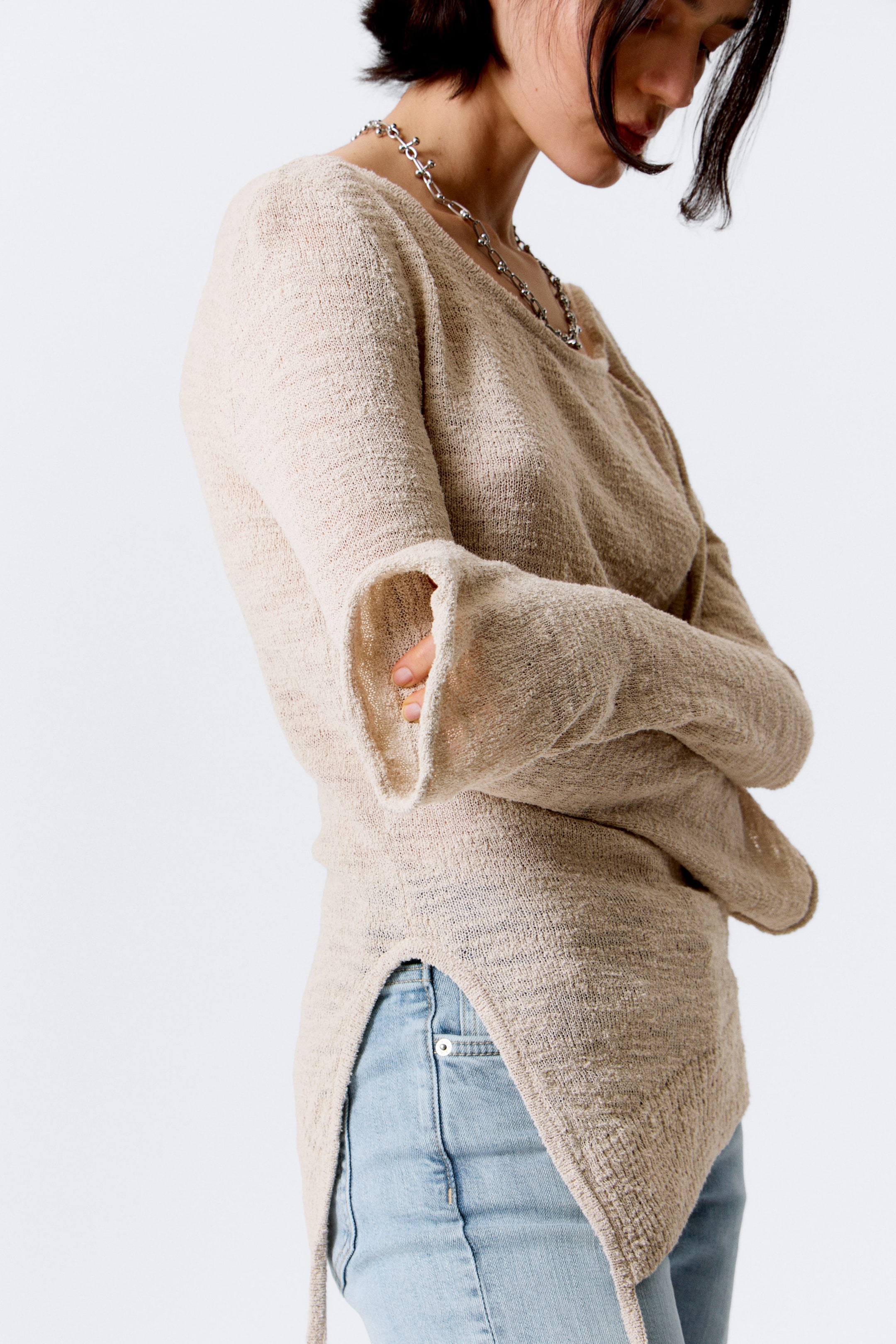 Light Mole - Asymmetric Tie-Shoulder Knitted Sweater - 2