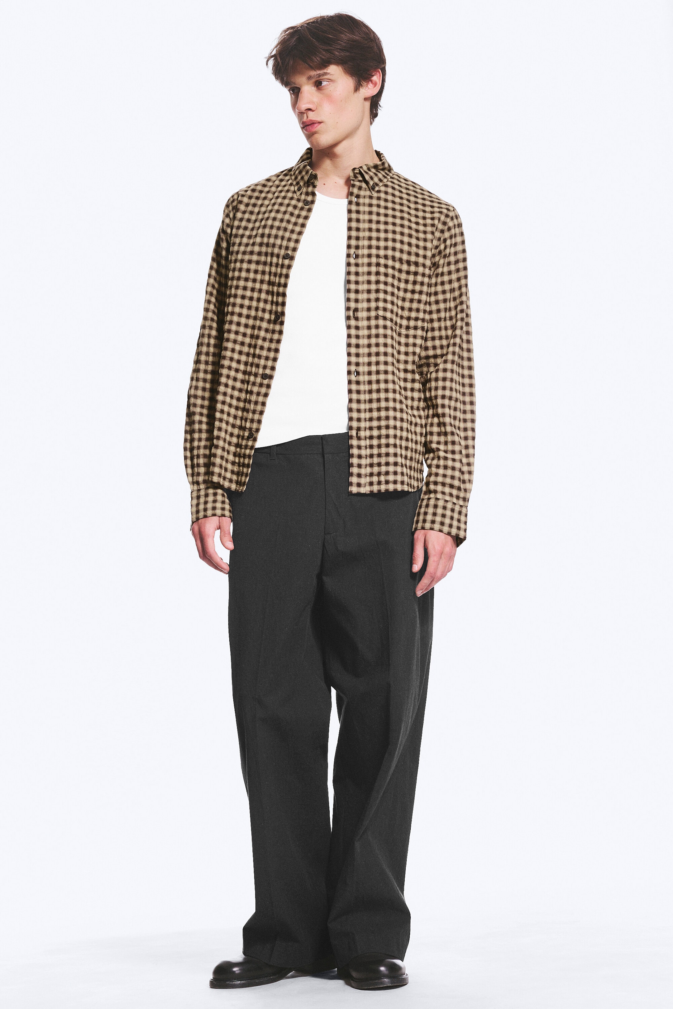 Checked Brown - Structured Long-Sleeved Buttoned Shirt - 2
