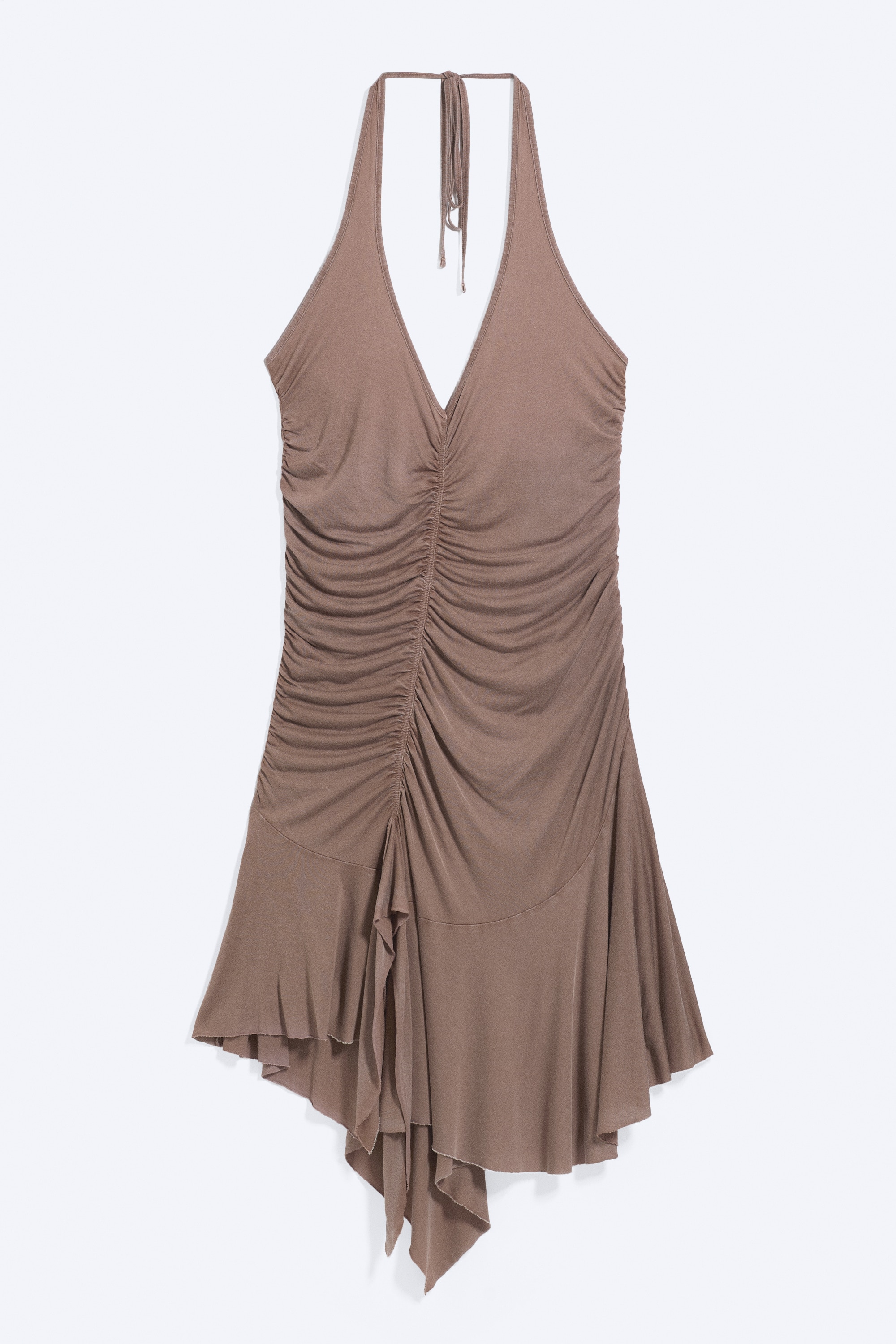 Ruched Halter Mini Dress - Bruin met wassing/Licht oudgrijs gemêleerd