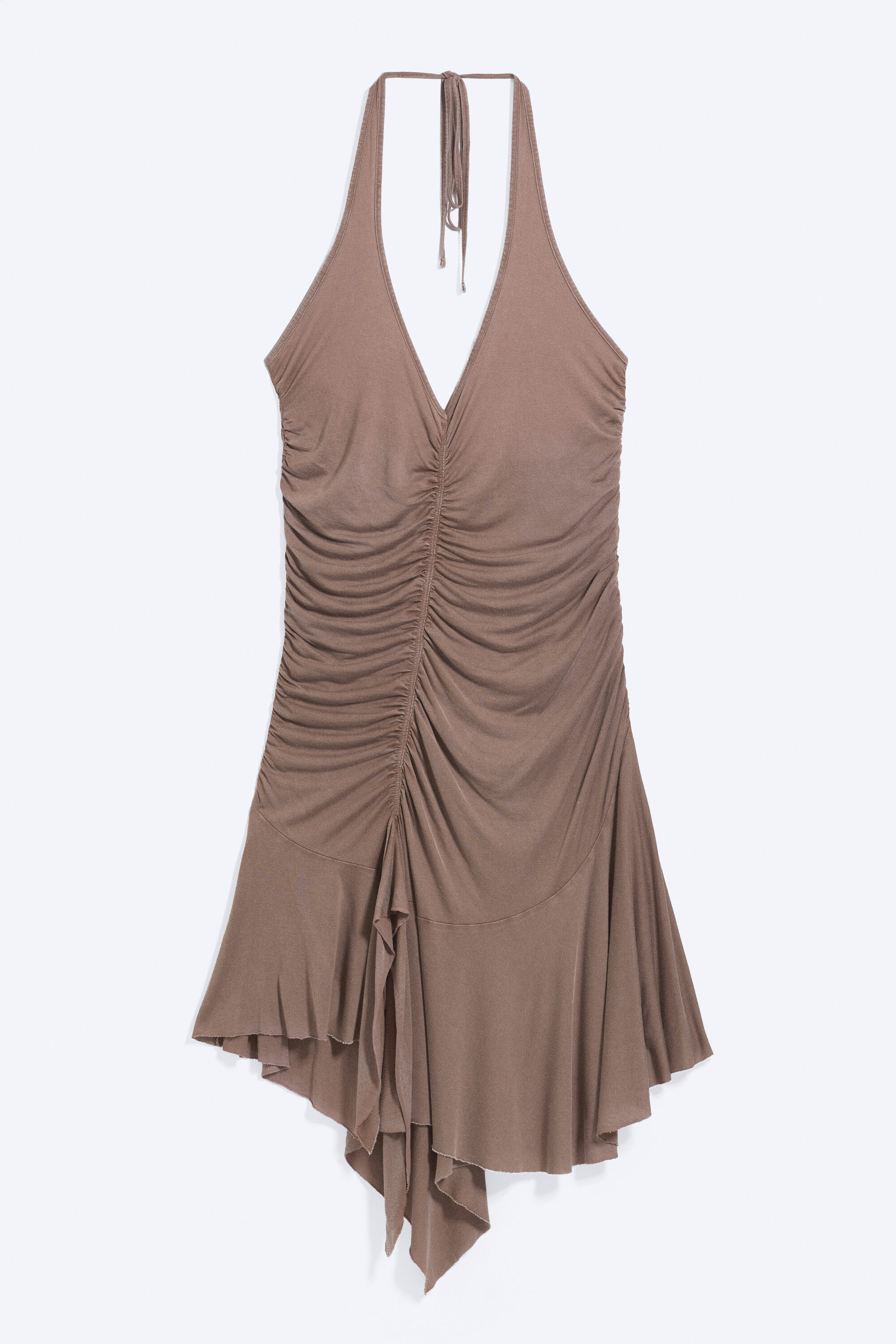 ruched halter mini dress - Washed Brown | Monki GB