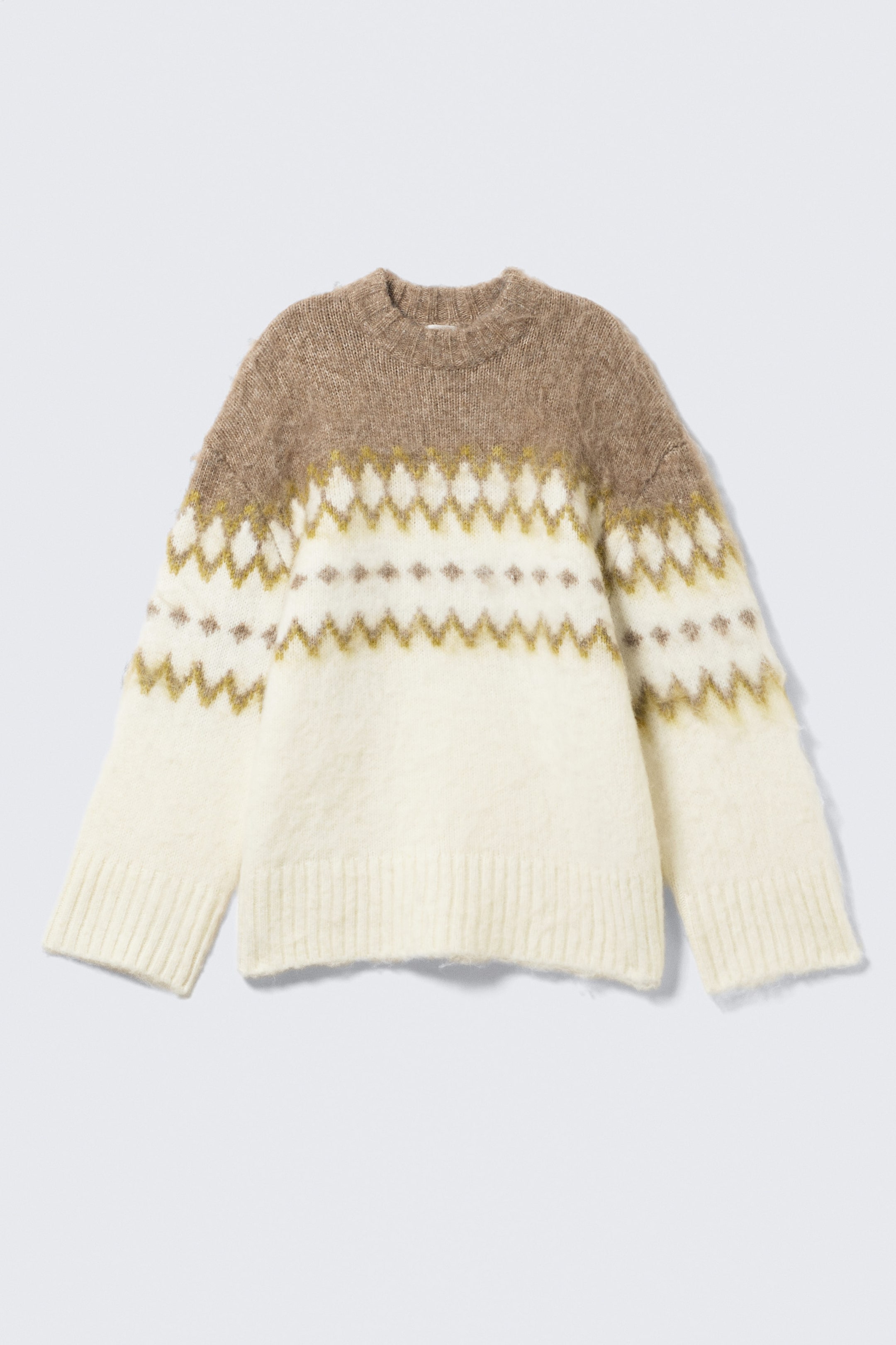 Blanc/beige foncé jacquard - Pull en maille duveteuse coupe décontractée - 4