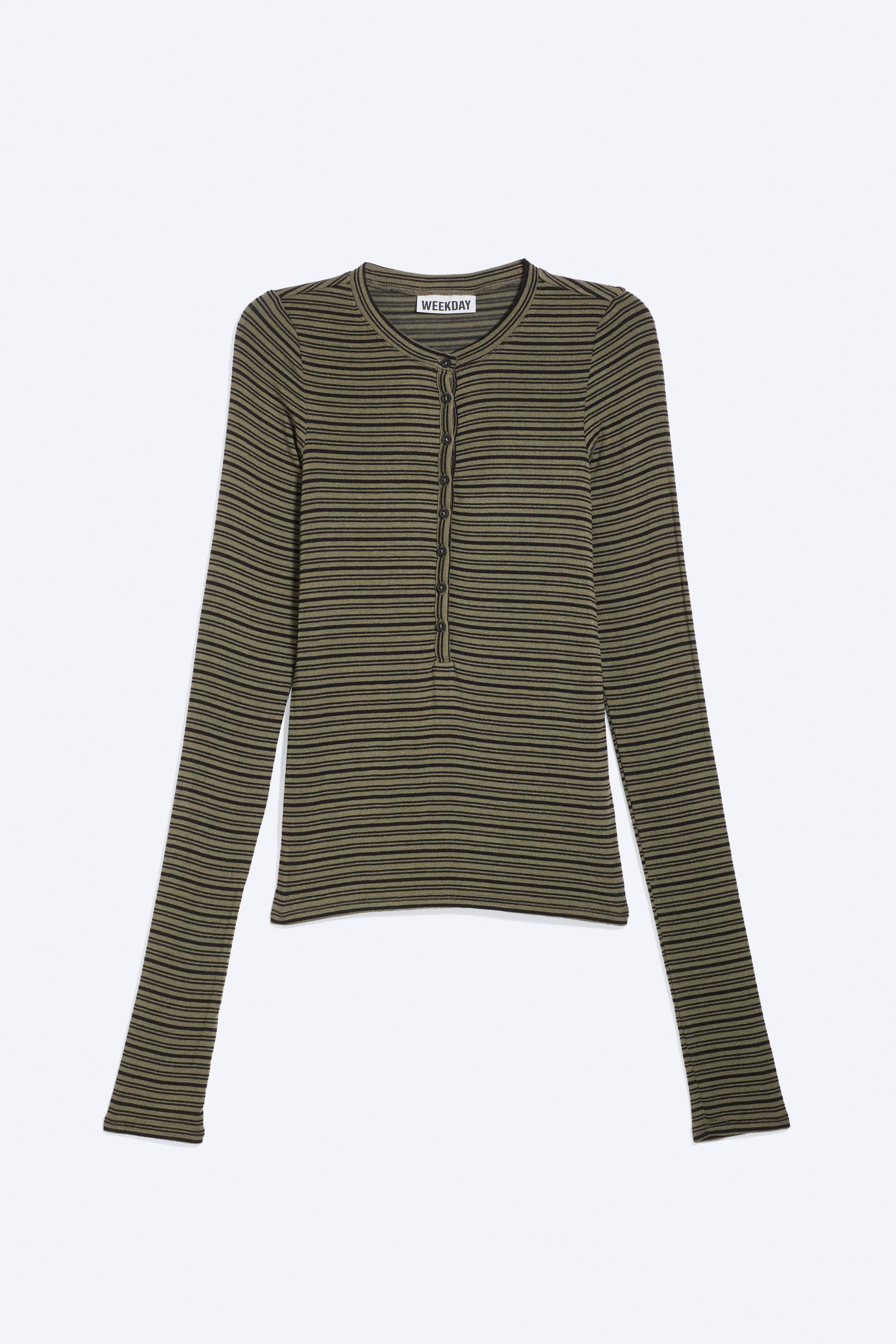 T-shirt slim a maniche lunghe - Verde kaki a righe/Grigio mélange/Bianco