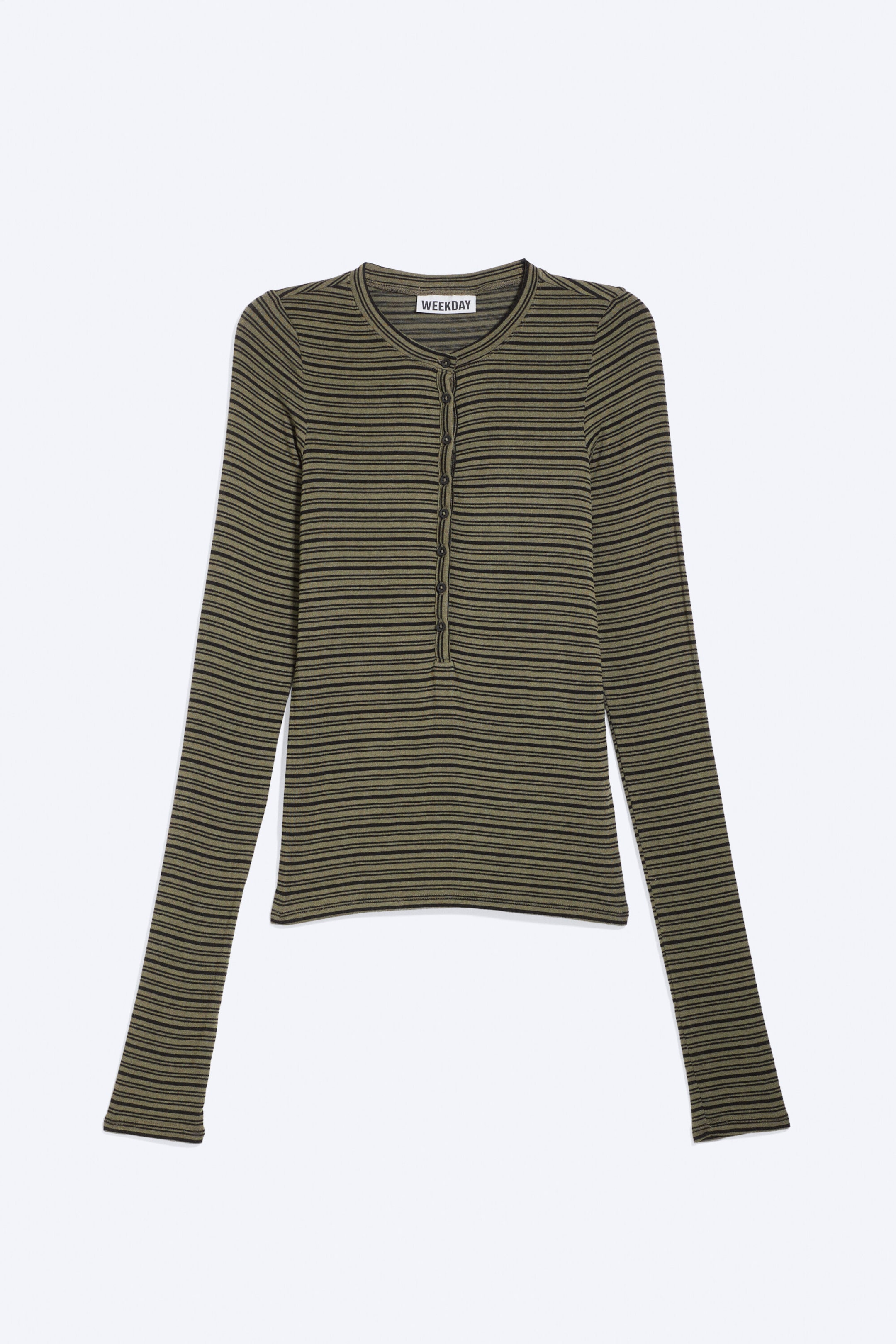 Striped Khaki Green - Slim Long-Sleeved Henley Top - 1