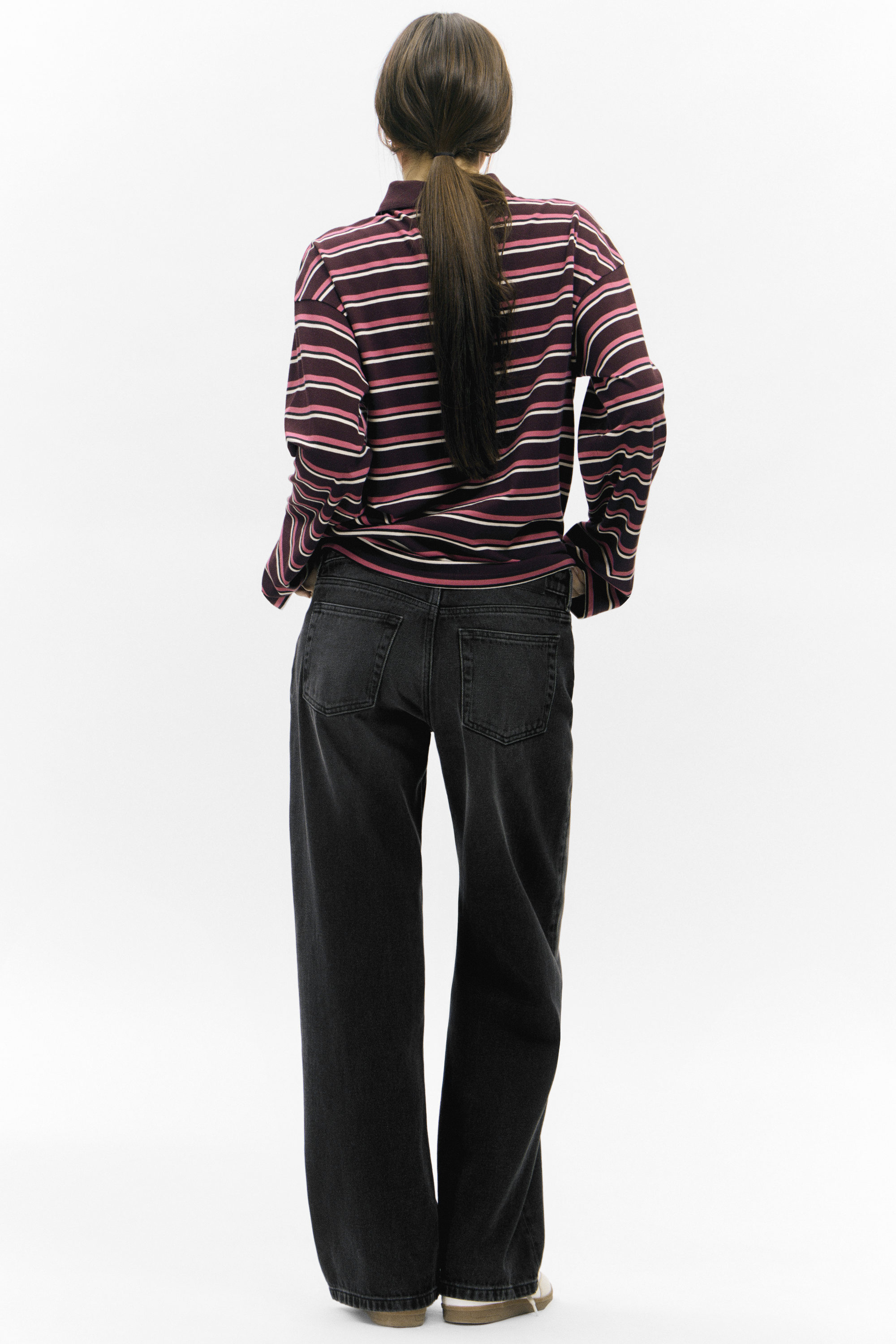 Dunkle Pflaume - Rosa Streifen - Langärmliges Poloshirt aus Baumwolle - 2