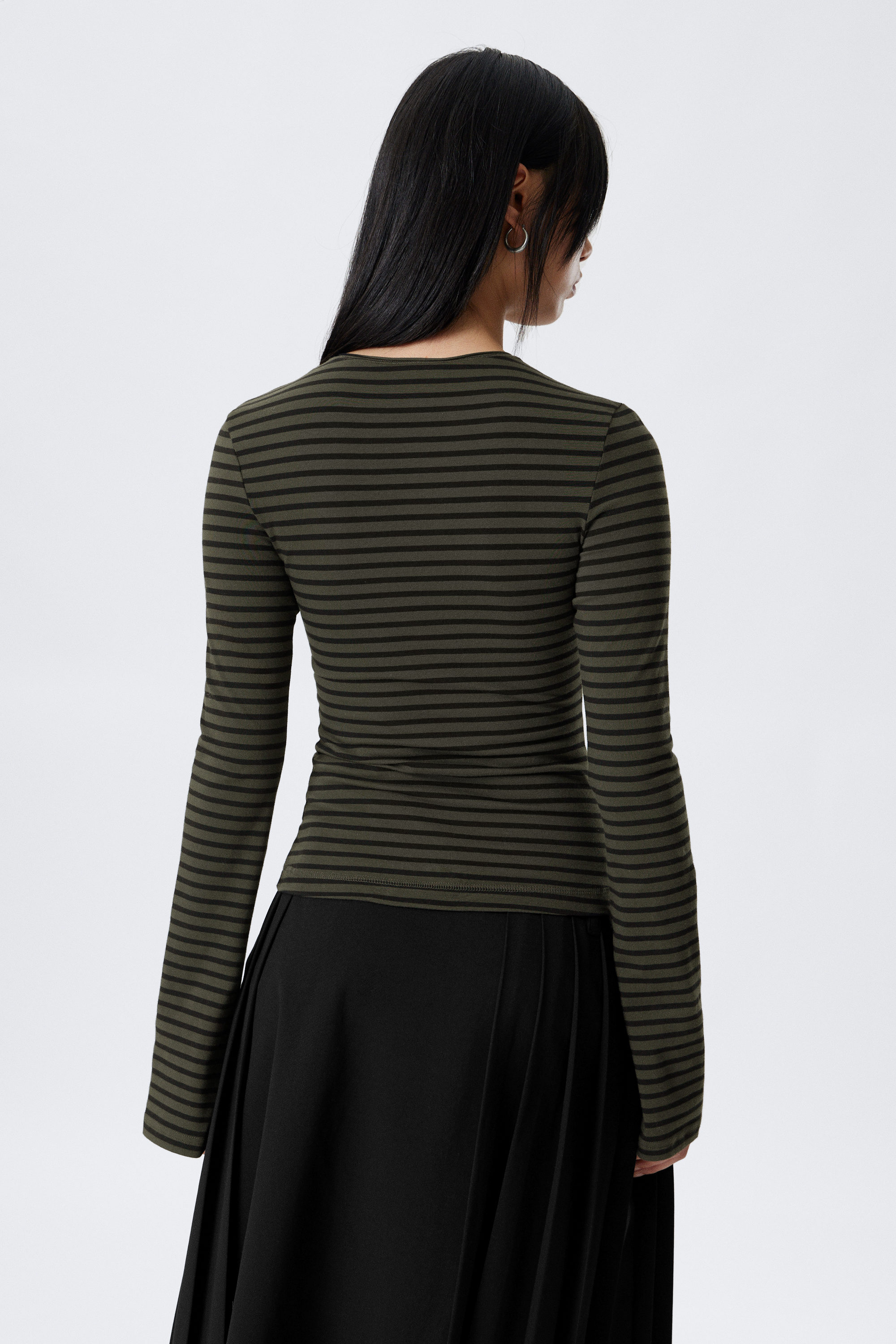 Striped Dark Khaki Green - Long Sleeve Cotton Top - 2