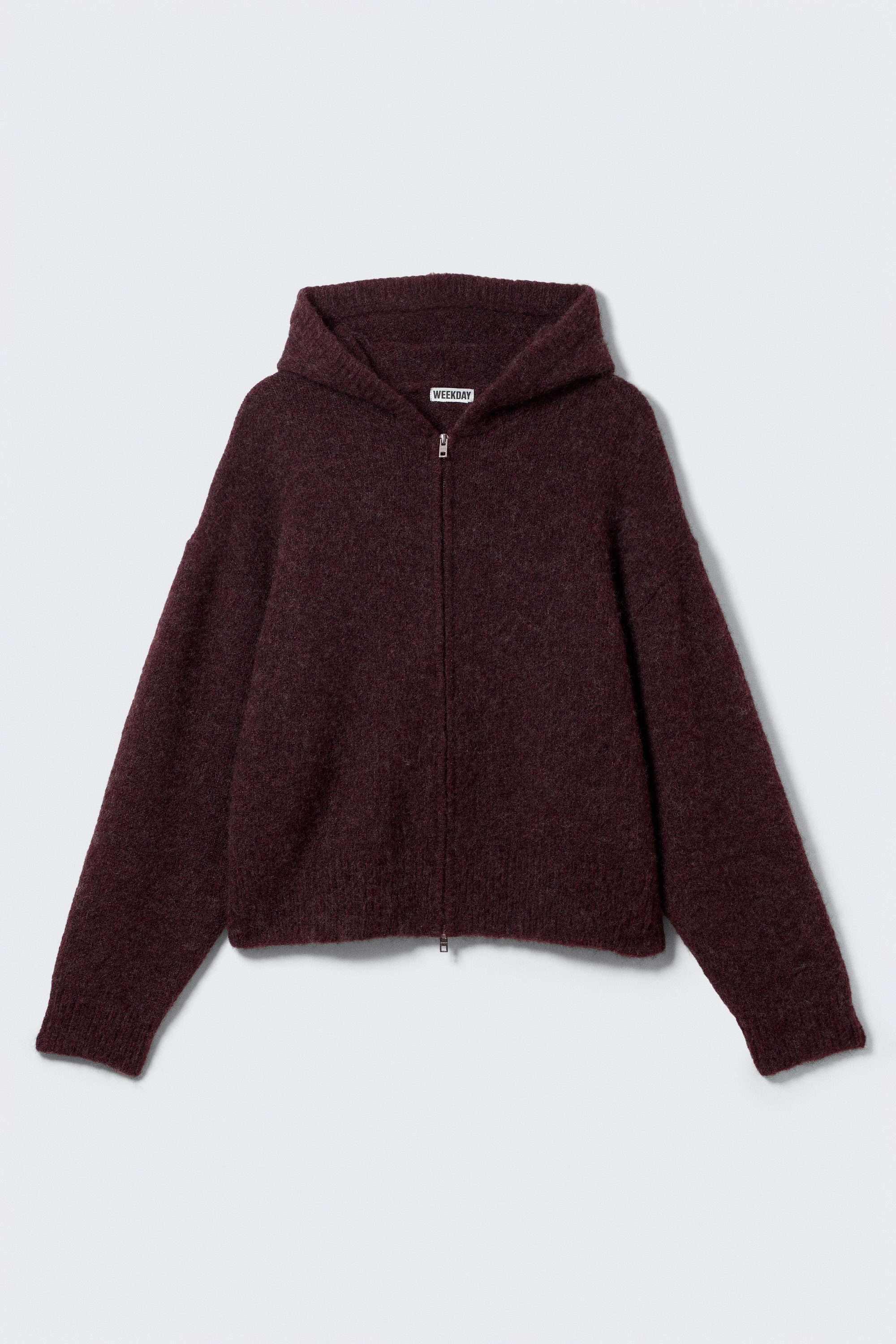 Melerad mörkröd - Stickad boxig zip-hoodie i ullblandning - 4