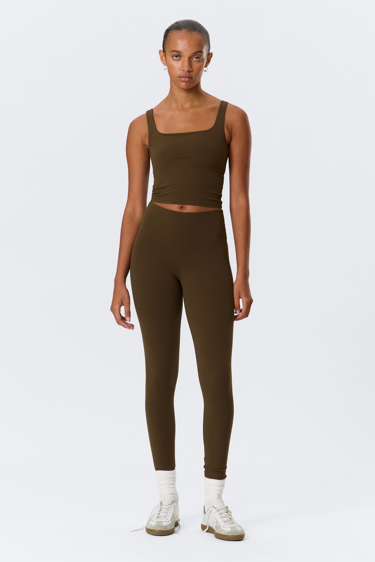 High Waisted Sports Tights - Dark Brown/White/Black - 7