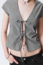 Striped Grey - Tie-Front V-neck Cotton Blouse - 1
