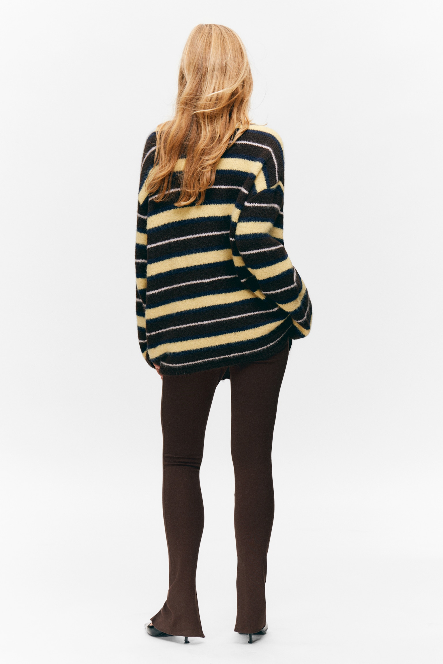 Soft Knit V-Neck Cardigan - Dark Brown & Yellow Stripes/Dusty Beige/Plum/Green/Beige Stripe - 4