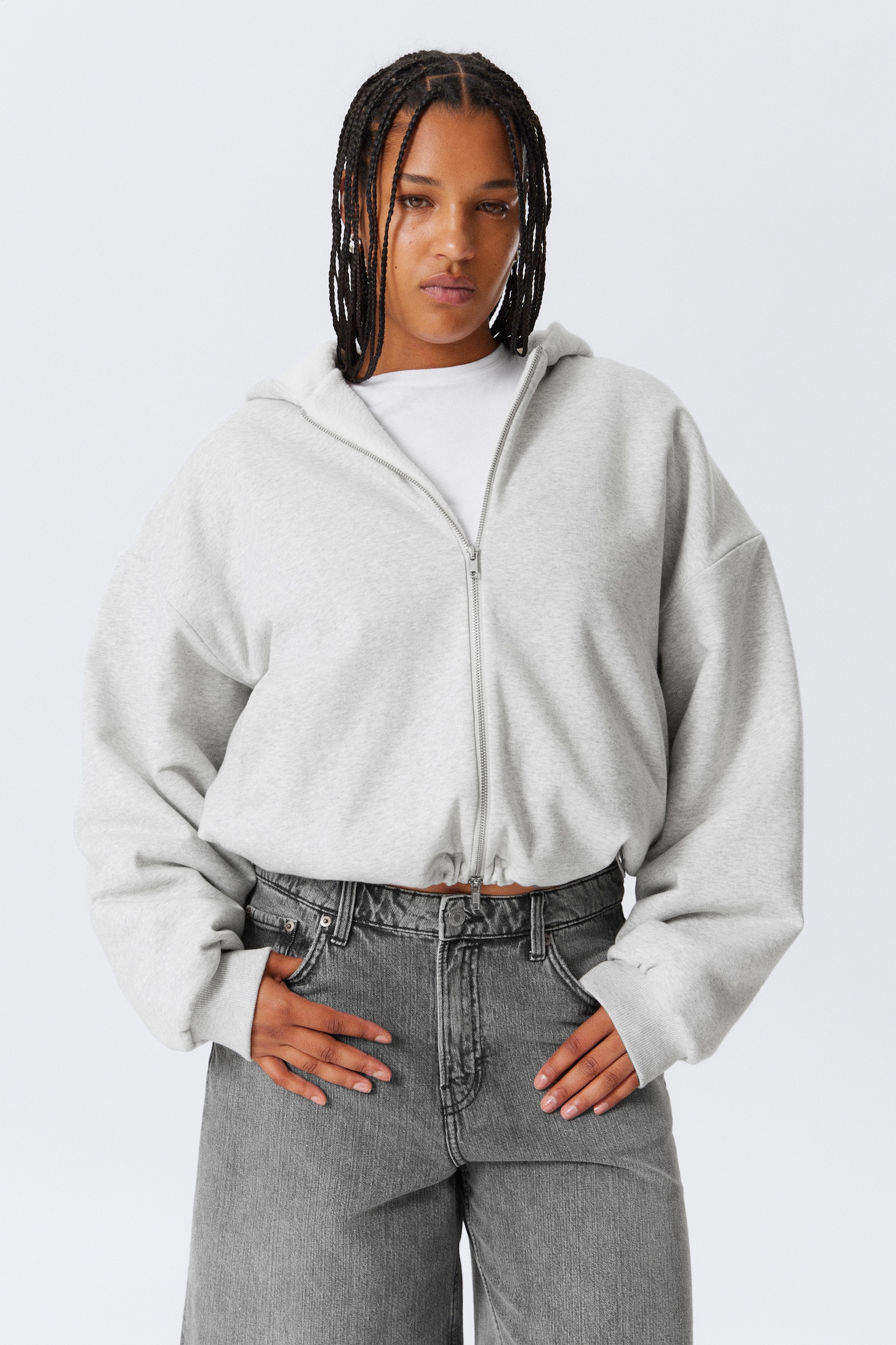 Felpa con cappuccio, zip e fit oversized - Grigio mélange/Nero