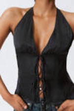 Dark Grey - Tie-Front Halterneck Top - 1