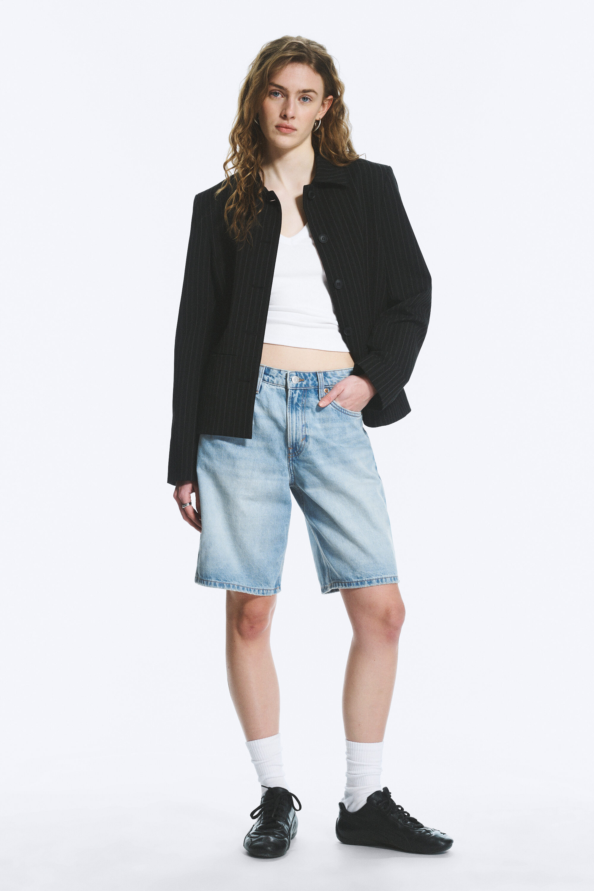 peggy low waist loose baggy leg denim shorts - Mid Blue - Medium