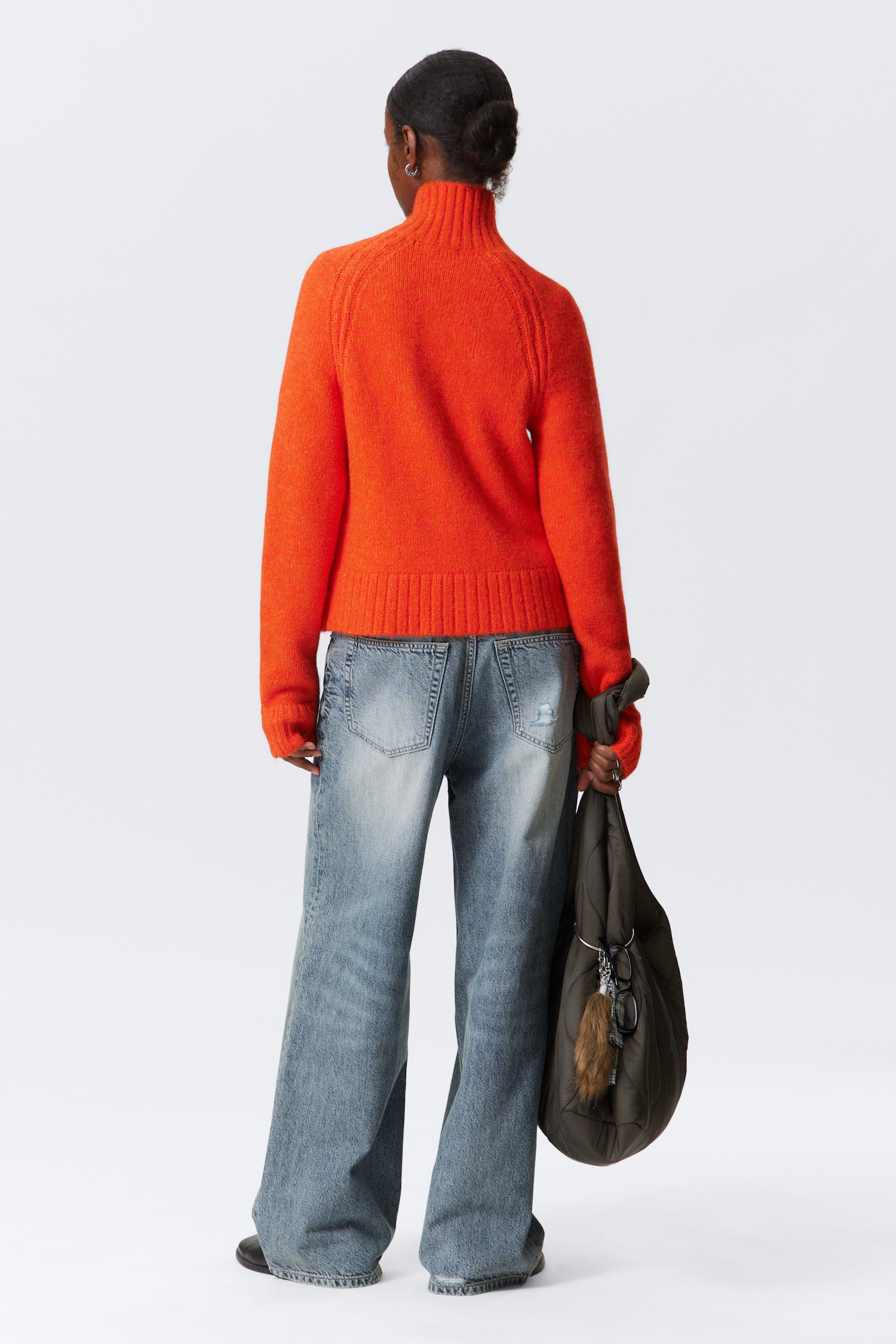Soft Knitted Fitted Zip Cardigan - Bright Orange/Dark Mossy Green - 4